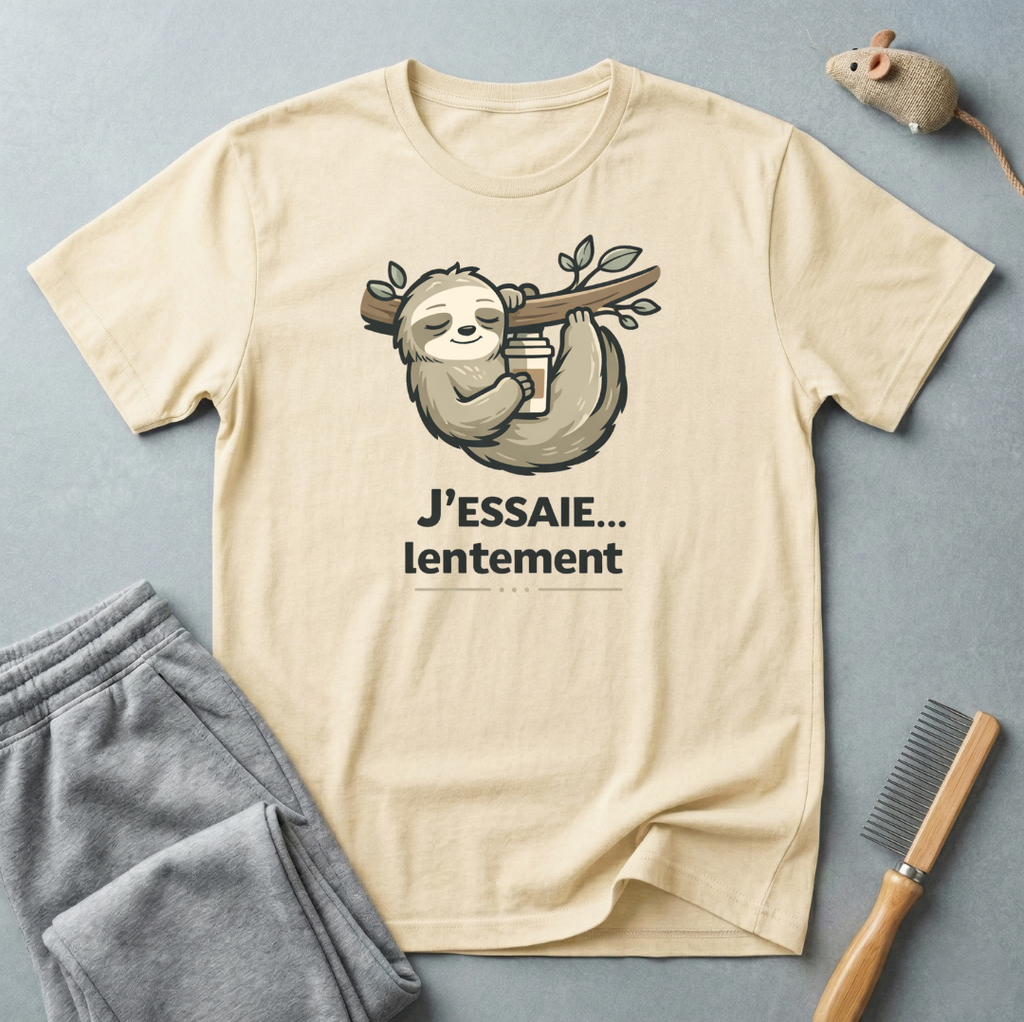 T-shirt paresseux café — «J’essaie… lentement»