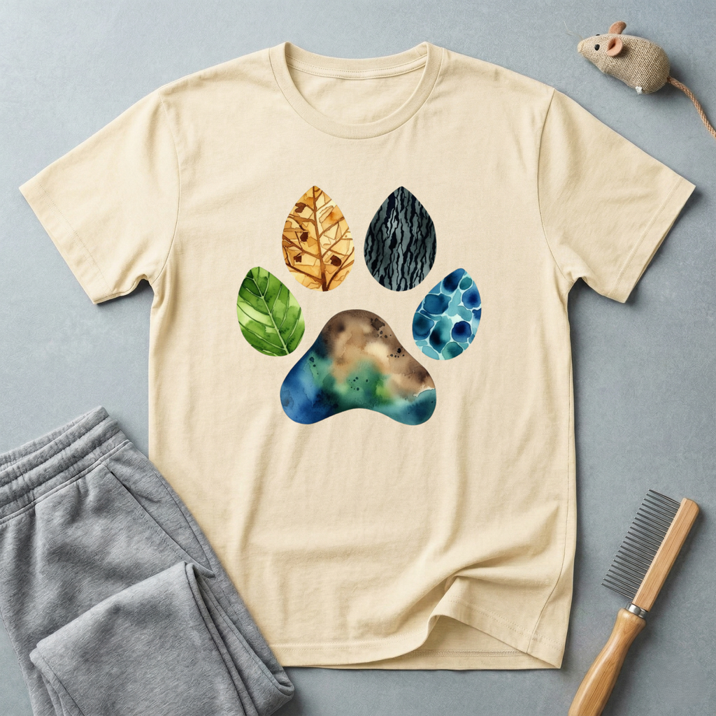 T-shirt empreinte de patte nature — motif coloré de patte en feuilles et pierres