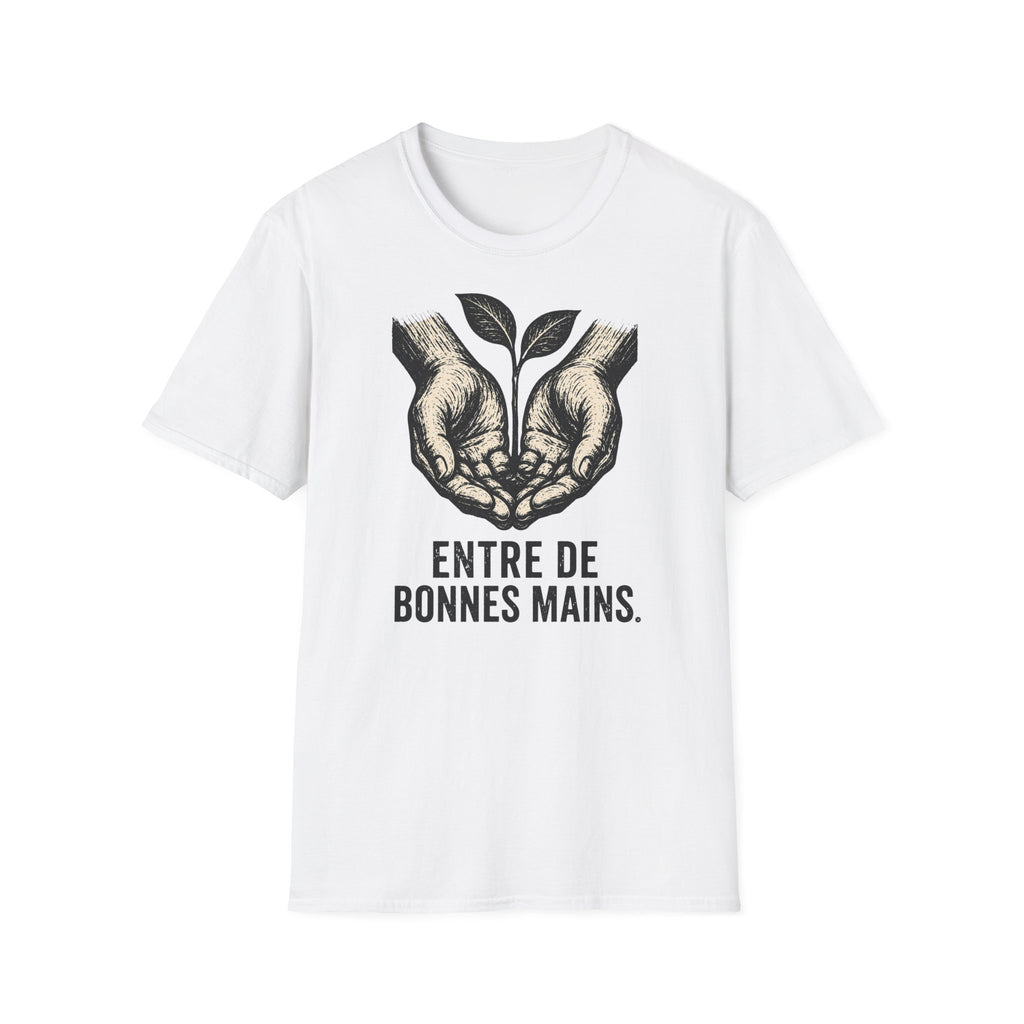 T-shirt — « Entre de bonnes mains » — Illustration graphique de mains tenant une jeune pousse