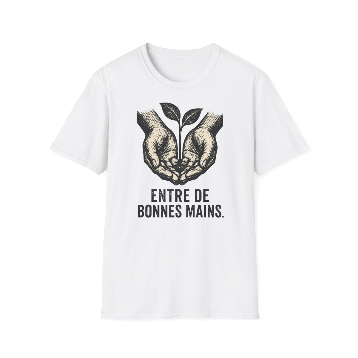T-shirt — « Entre de bonnes mains » — Illustration graphique de mains tenant une jeune pousse