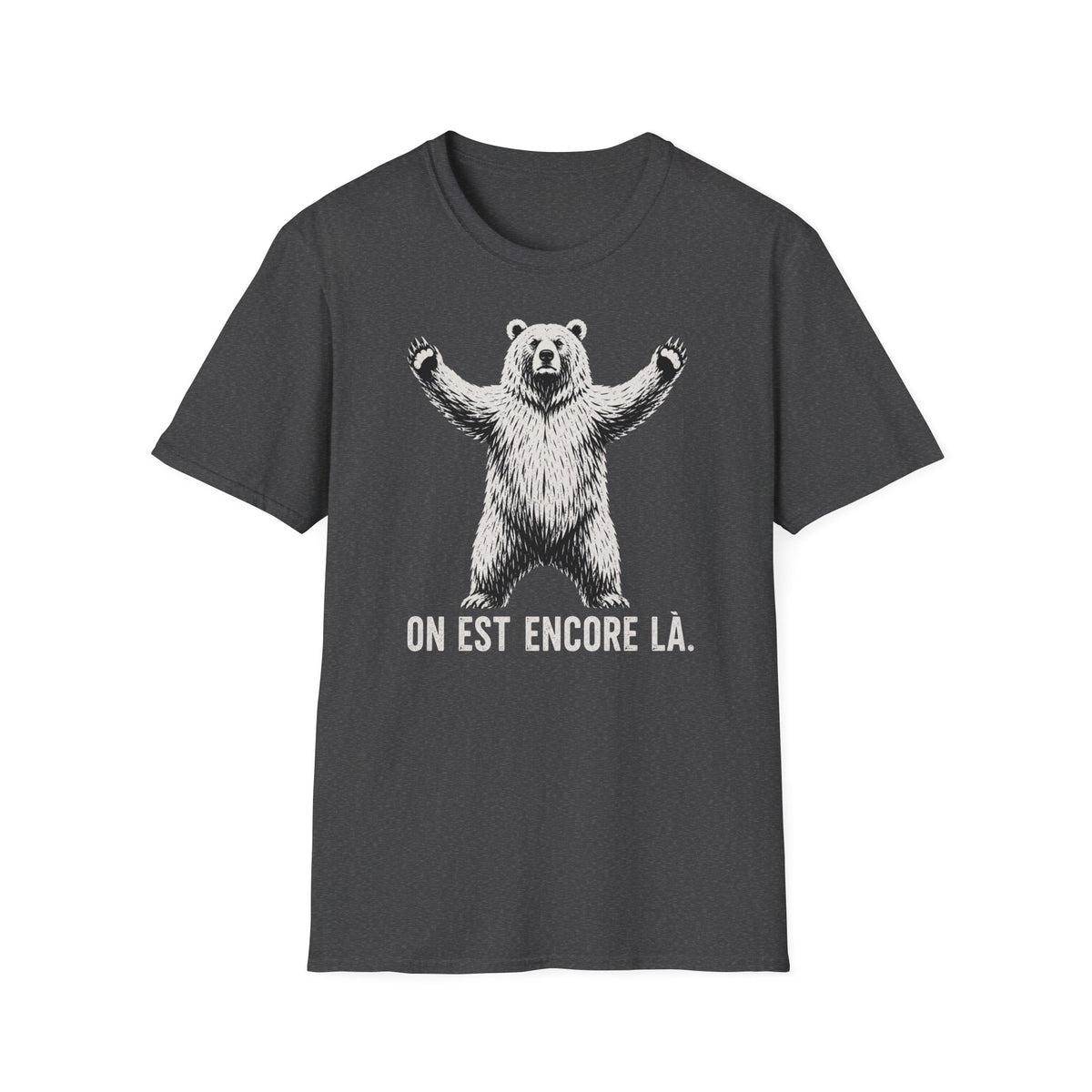 T-shirt graphique avec ours — « On est encore là » — Style vintage