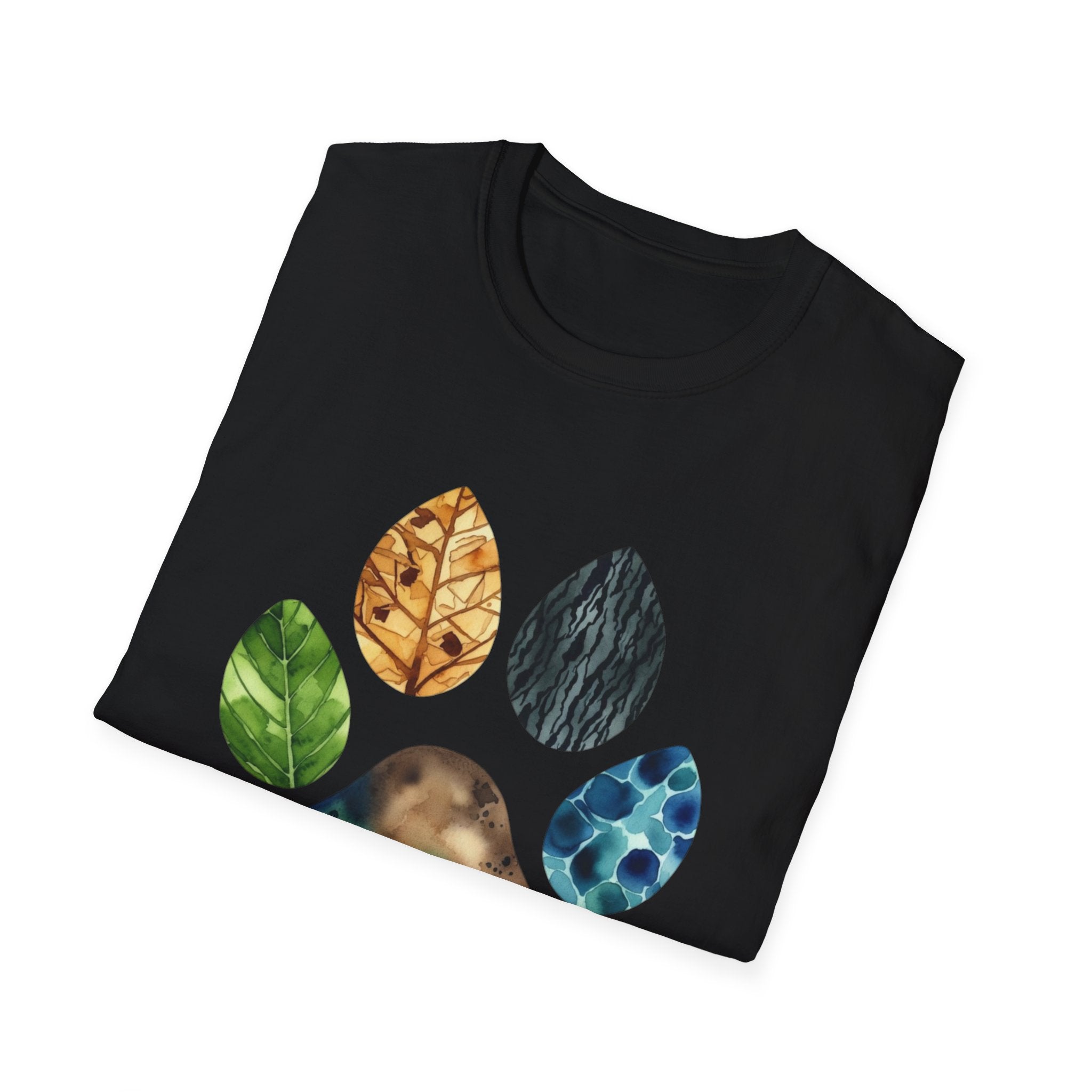 Nature Paw Print T-Shirt — Colorful Leaf & Stone Paw Design