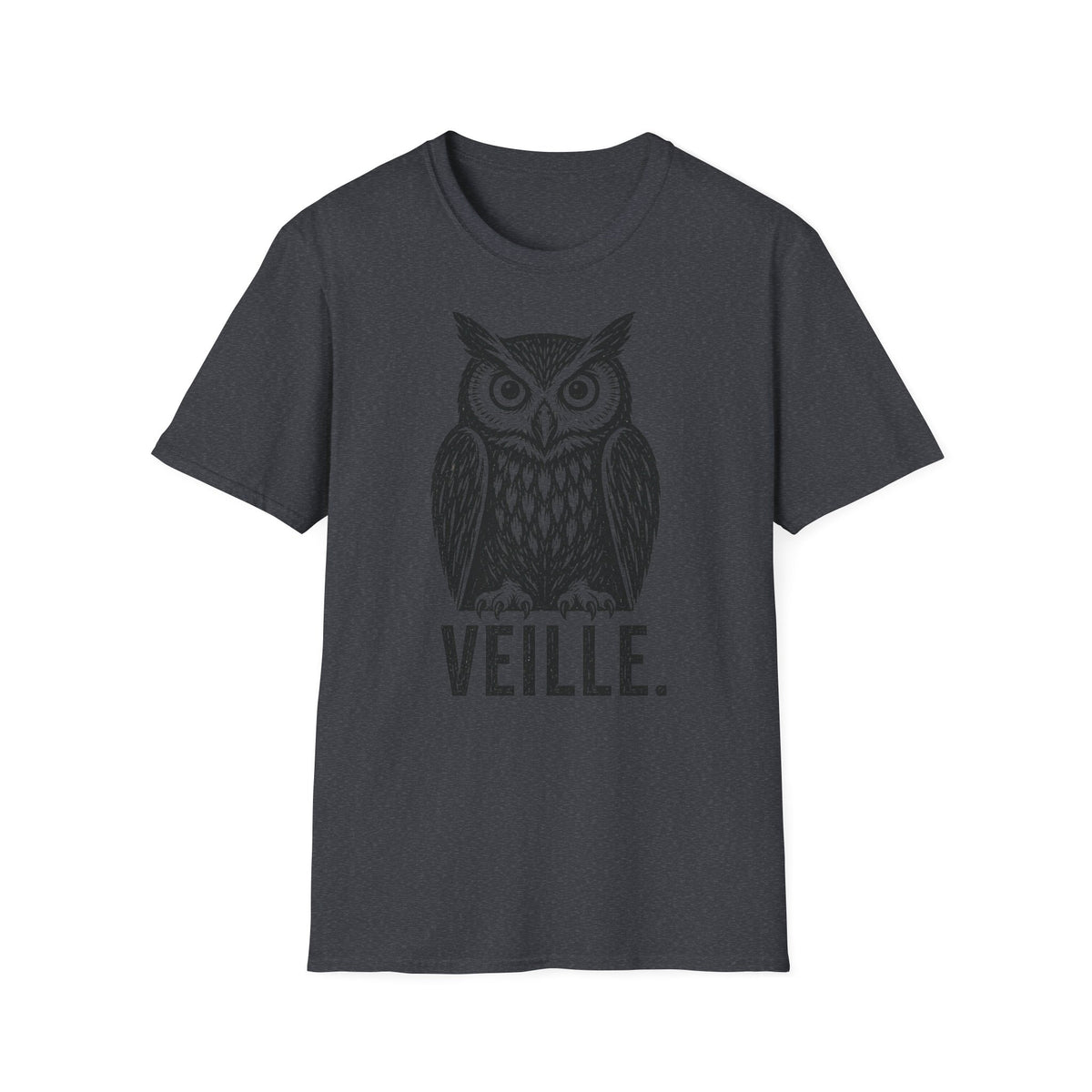 T-shirt illustré avec hibou — « VEILLE. » — T-shirt graphique vintage de veille nocturne