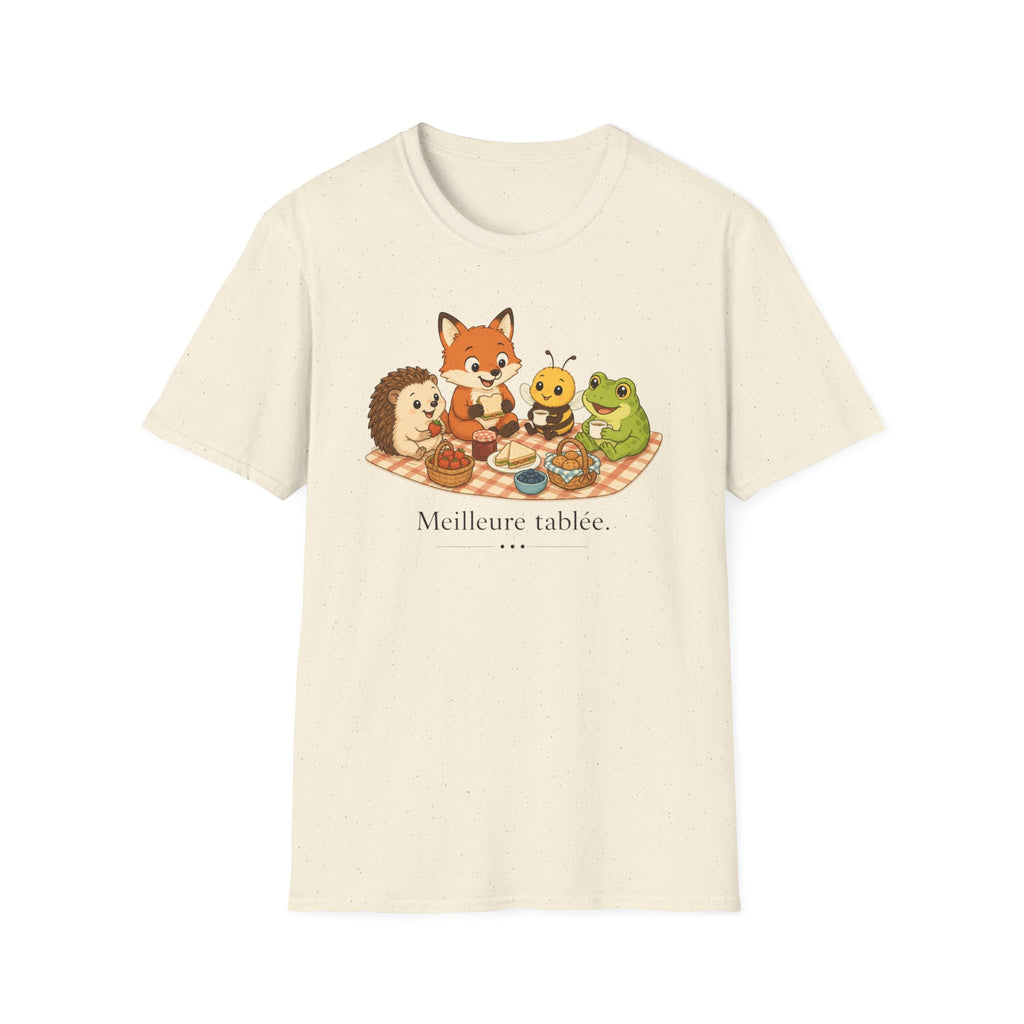 T-shirt enfant « Pique-nique des animaux » — Renard, hérisson, abeille et grenouille — Adorable illustration « Meilleure tablée »