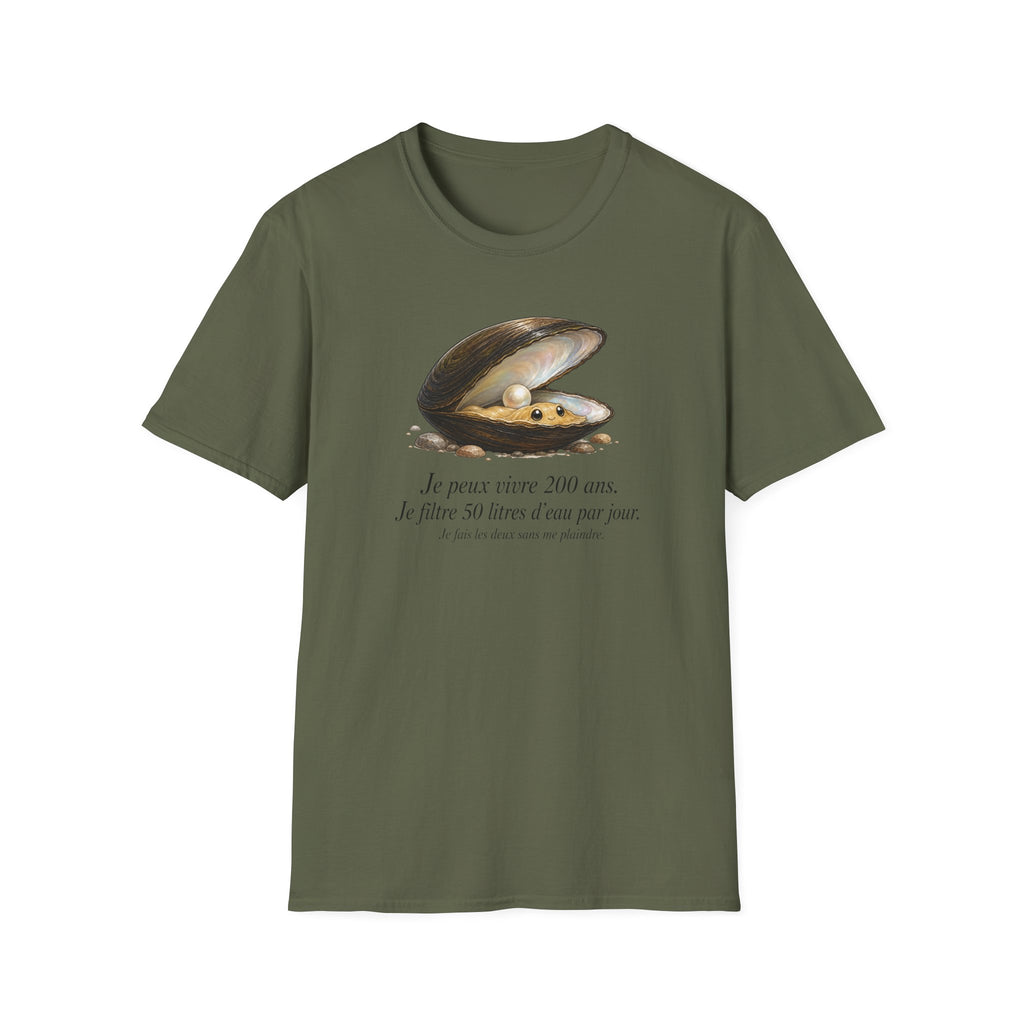 T-shirt — Illustration vintage de moule perlière avec la phrase française « Je peux vivre 200 ans »