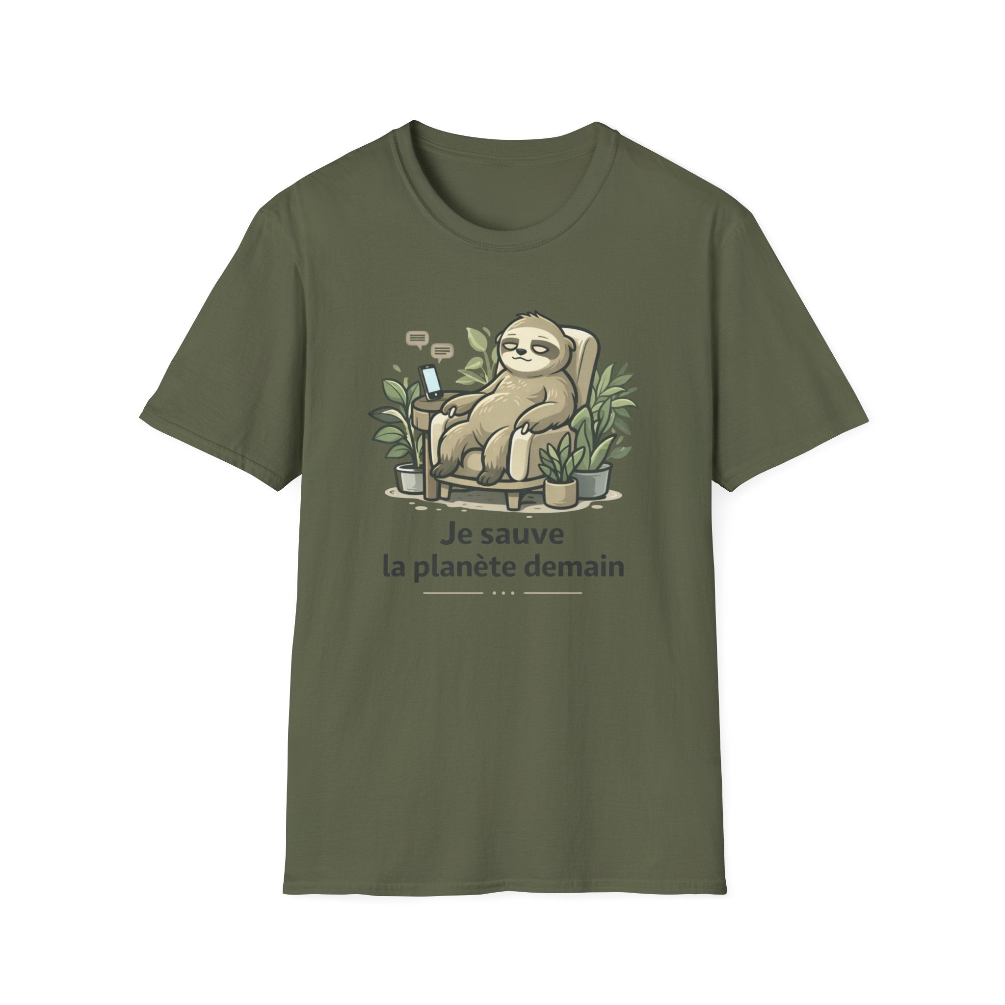 Sloth Eco T-Shirt — "Je sauve la planète demain" Cute Sustainable Vibe Tee