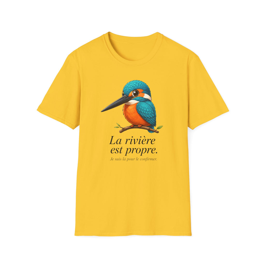 T-shirt Martin-pêcheur — « La rivière est propre. » — Adorable motif d’oiseau à l’aquarelle