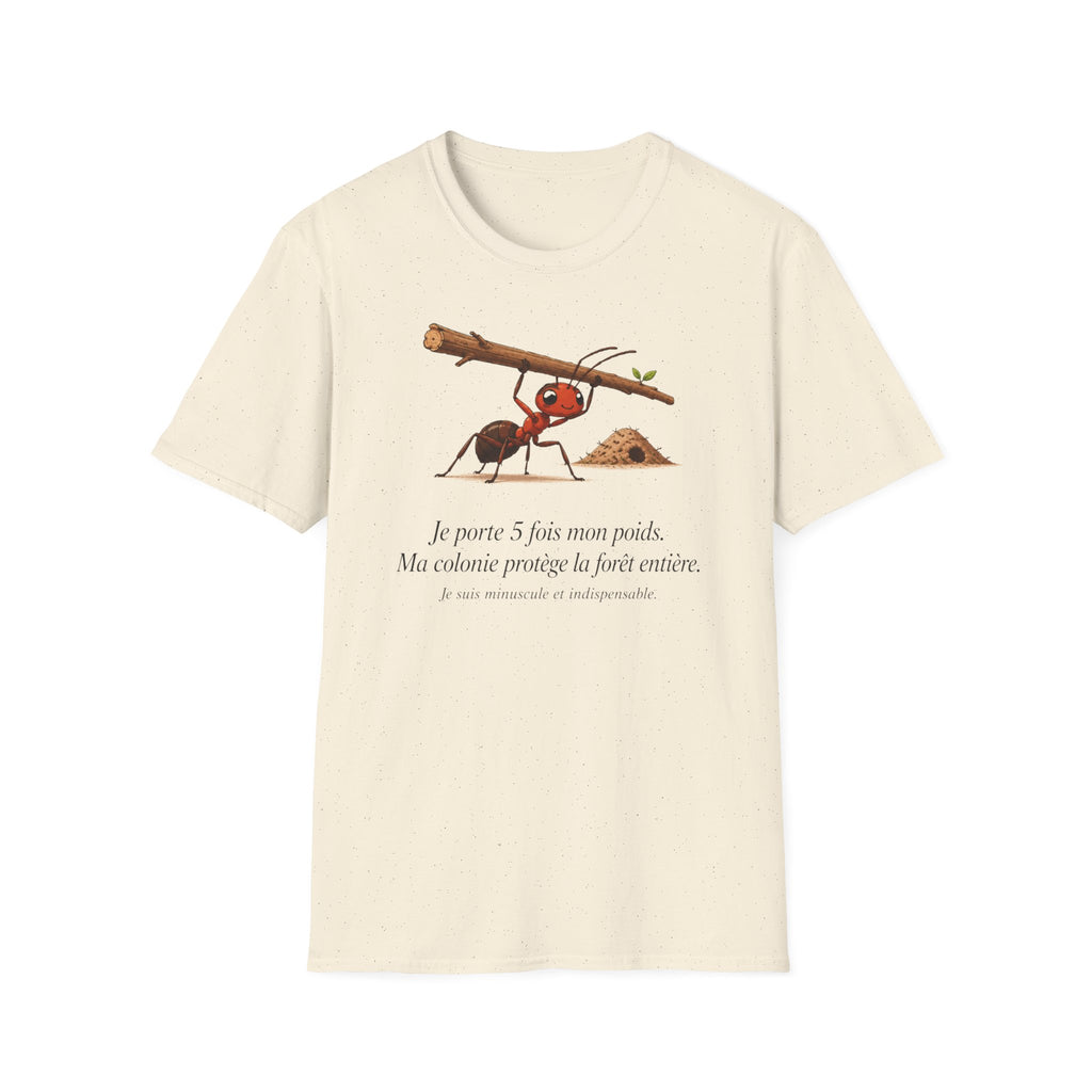 T-shirt — « Je porte 5 fois mon poids » — Illustration humoristique d’une fourmi portant une charge