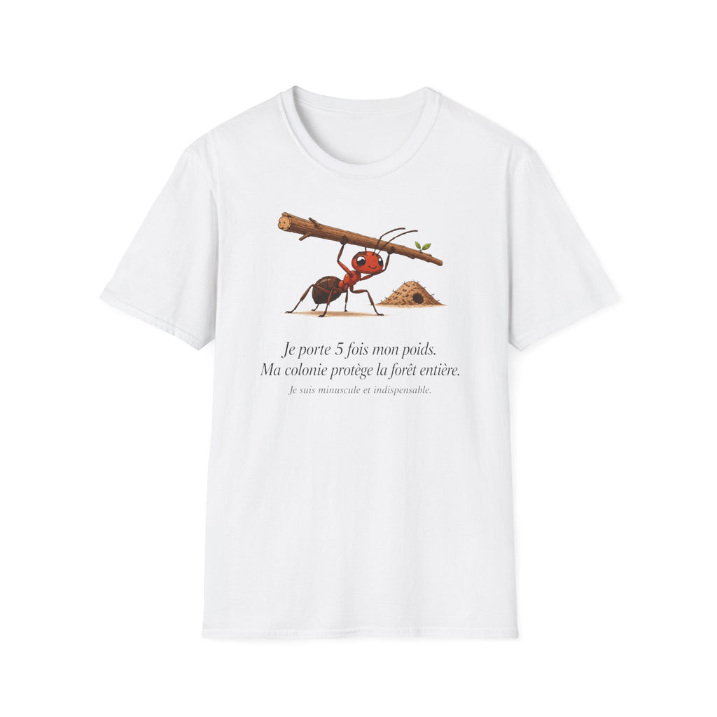 T-shirt — « Je porte 5 fois mon poids » — Illustration humoristique d’une fourmi portant une charge