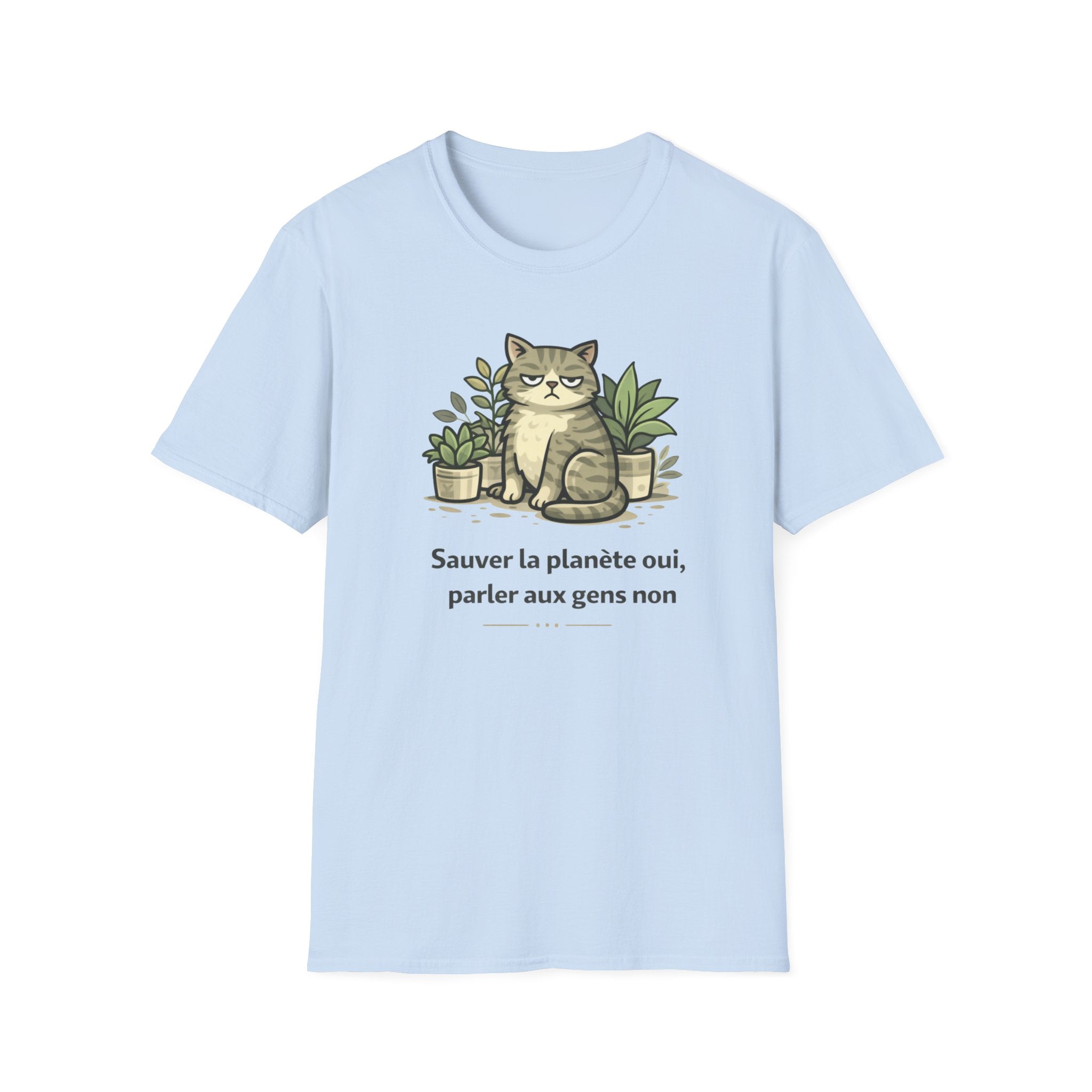 Cat & Plants T‑Shirt — "Sauver la planète oui, parler aux gens non" Eco Cat Graphic Tee
