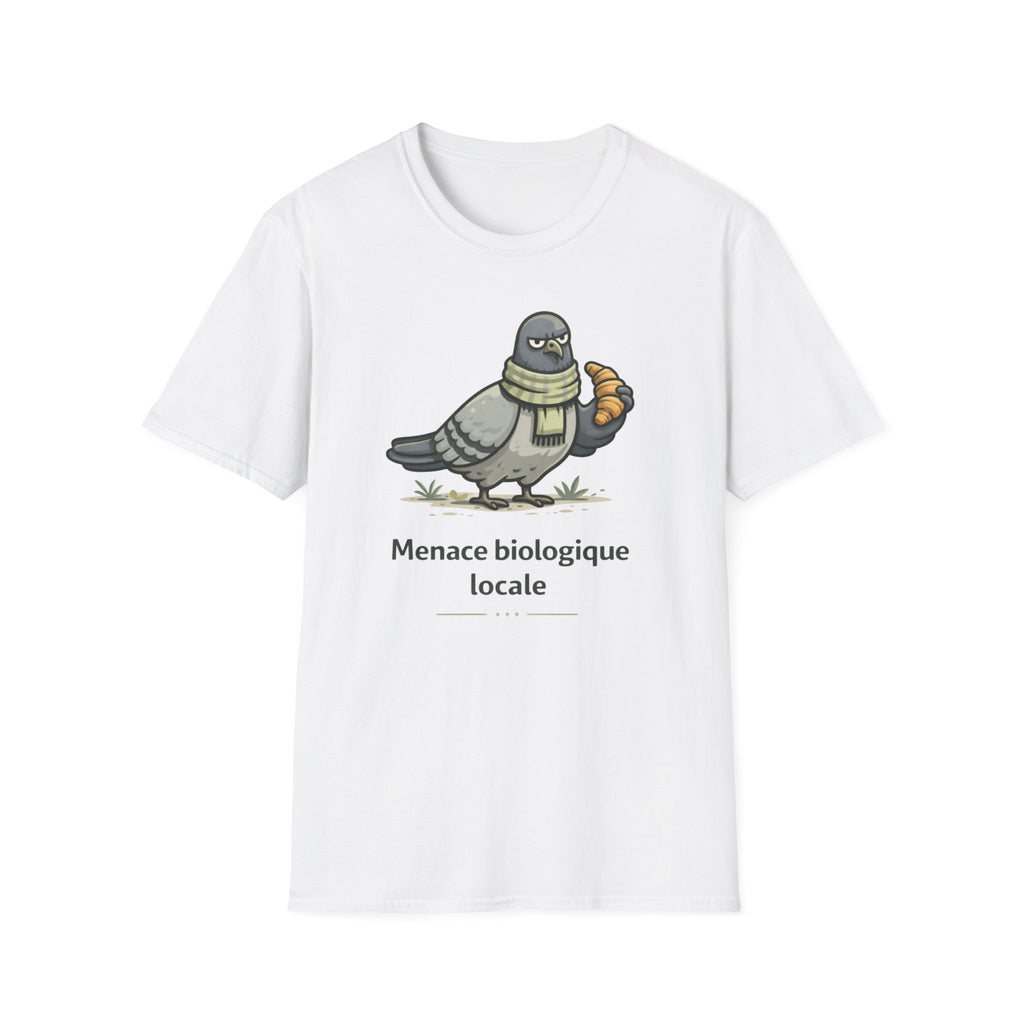 T-Shirt — "Menace biologique locale" Pigeon with Scarf and Croissant Cute Graphic