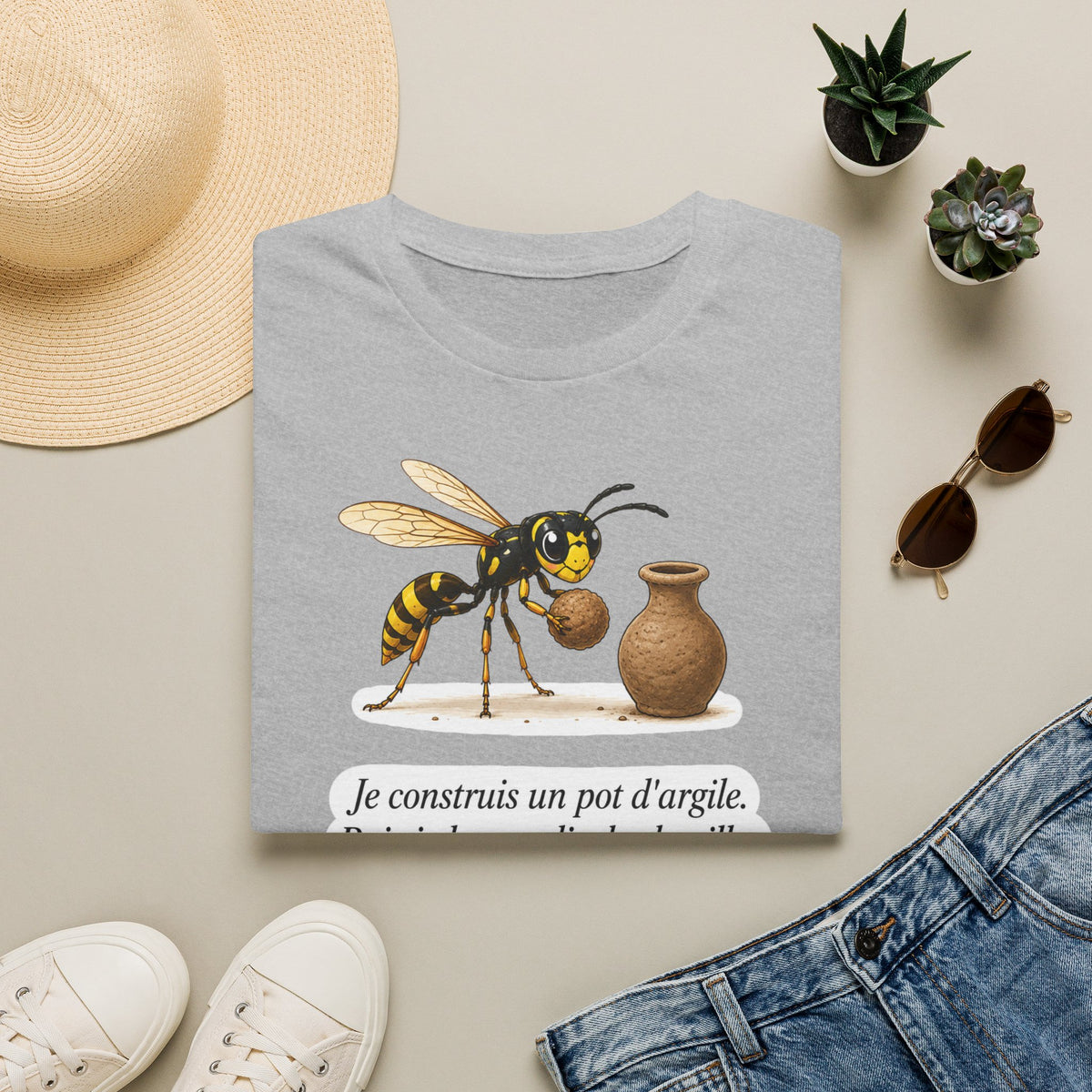 T-shirt — Guêpe avec illustration d’un pot en argile (« Je construis un pot d’argile »)