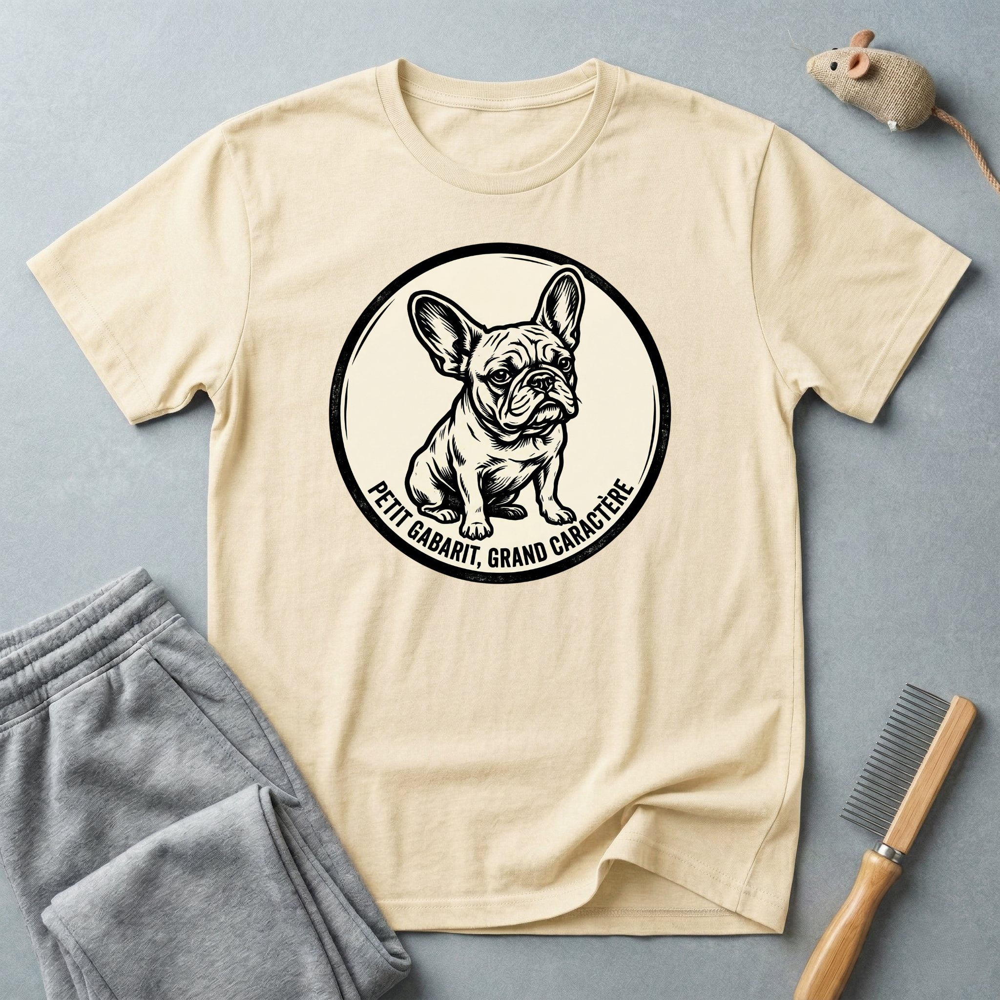 T-shirt graphique Bouledogue Français — «Courage mignon, grand caractère» Badge vintage