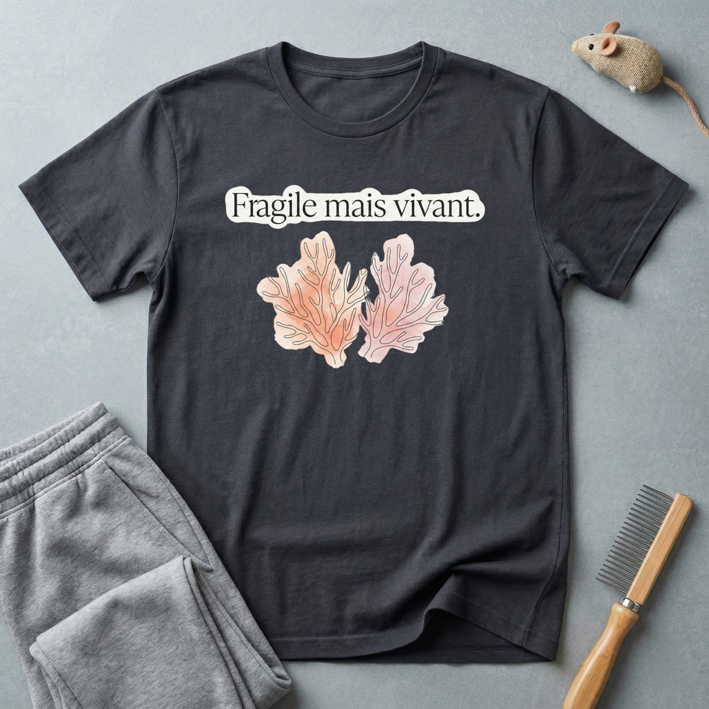 T-shirt floral « Fragile mais vivant. » — T-shirt citation française avec illustration botanique pastel