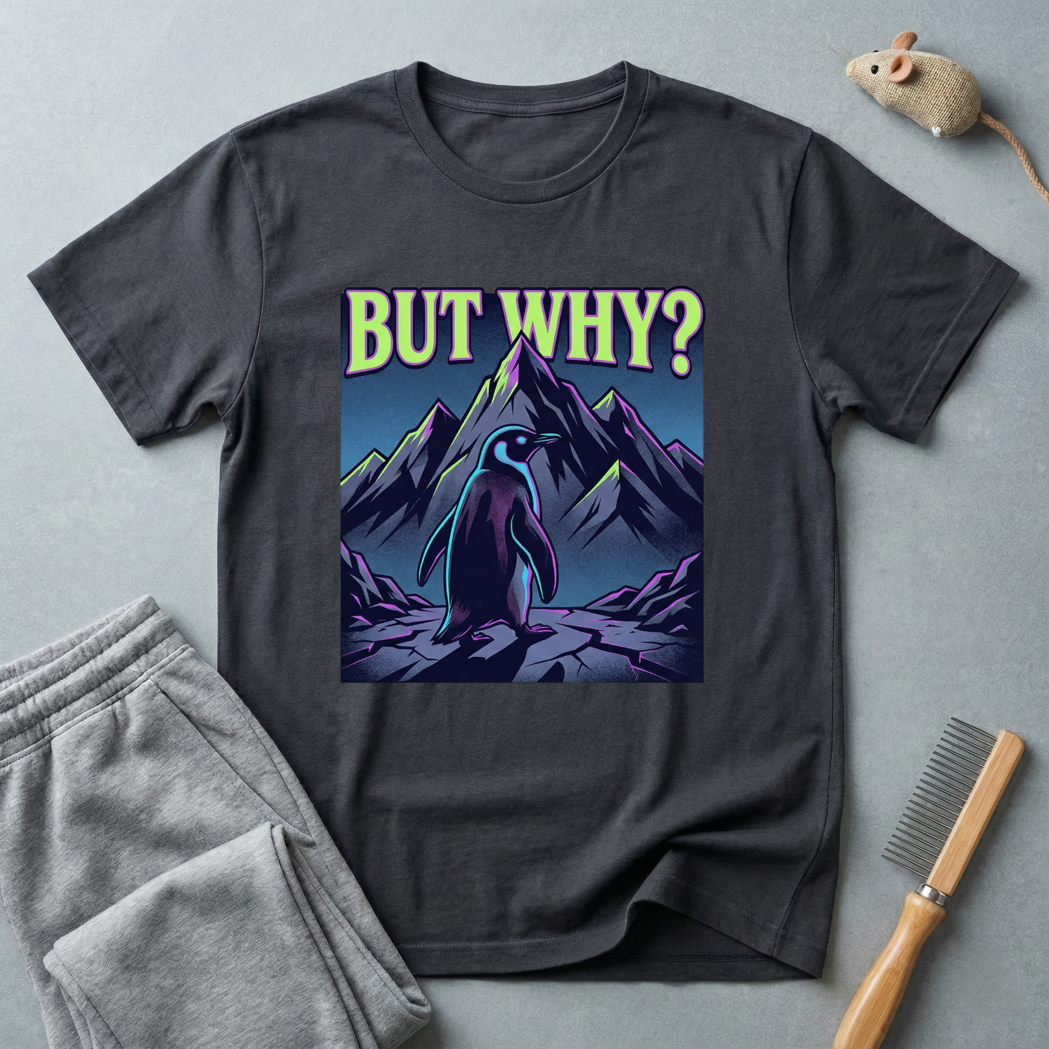 T-shirt — Silhouette de montagne minimaliste avec motif pingouin «But Why»