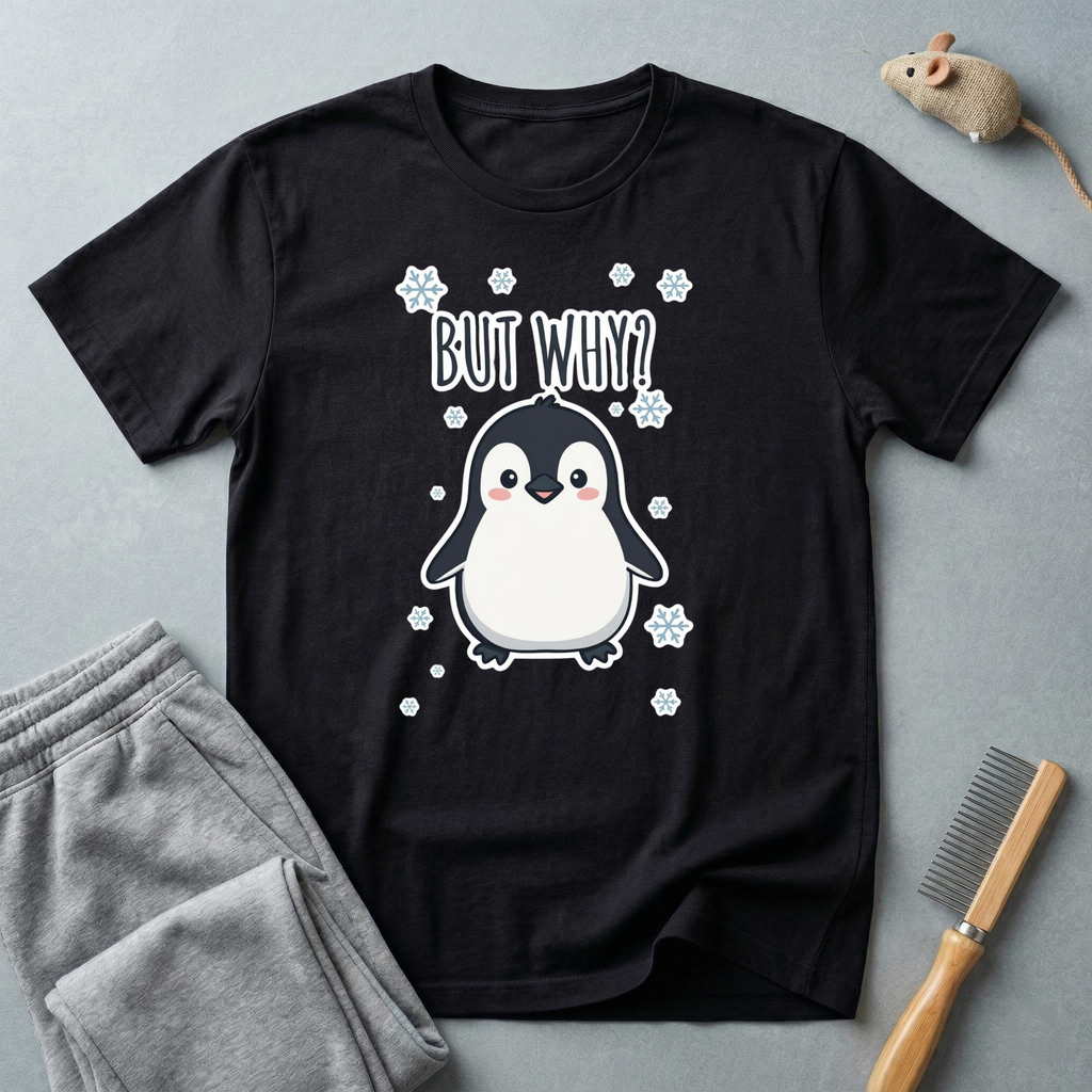 T-shirt pingouin «But Why?» — T-shirt graphique d’hiver mignon
