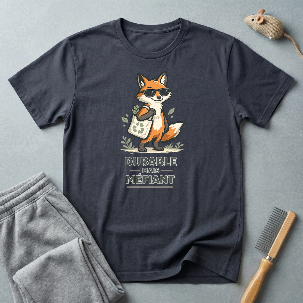 T-shirt illustration de renard — "Durable Mais Méfiant"
