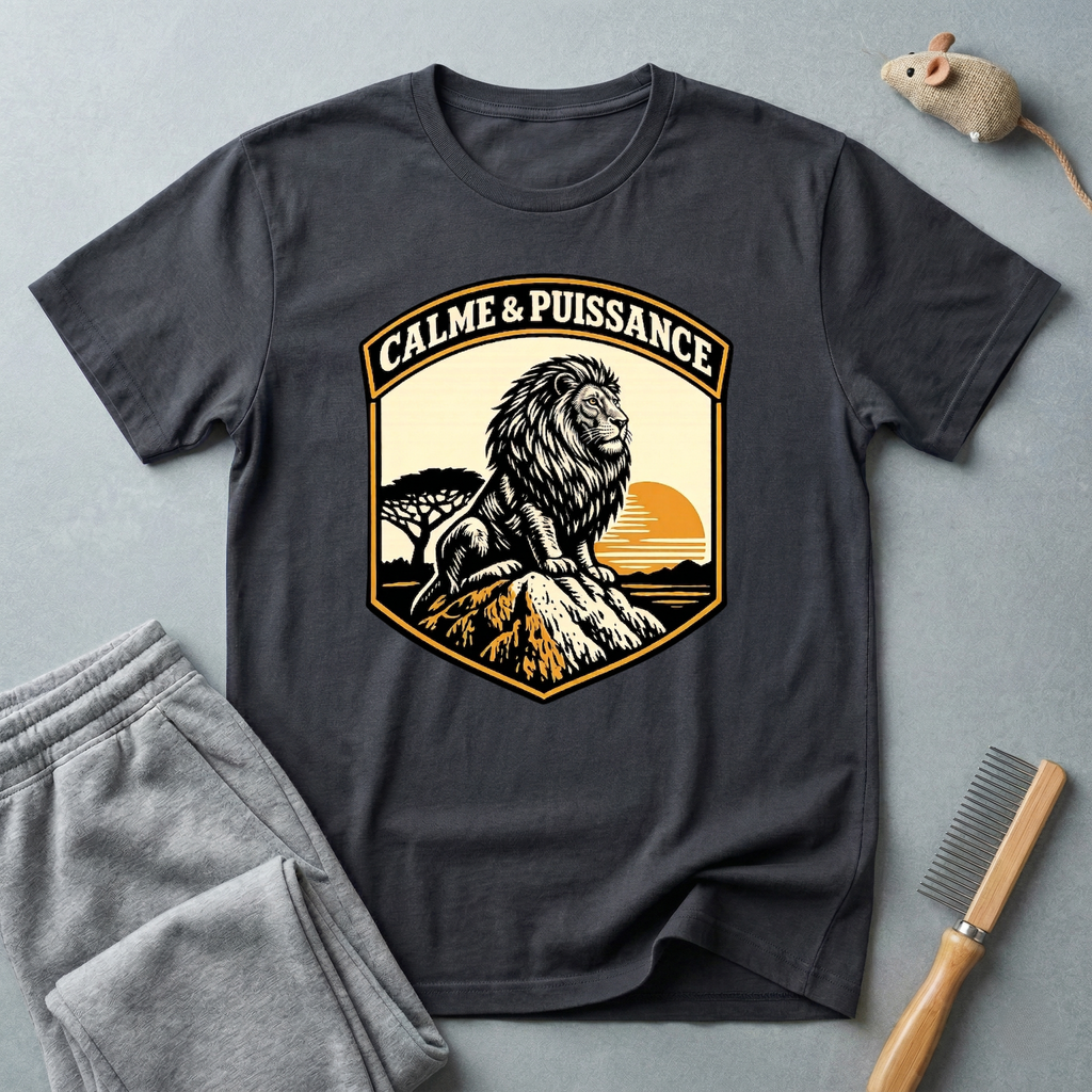 T-shirt graphique Lion «Calme & Puissance» — T-shirt vintage safari au coucher de soleil
