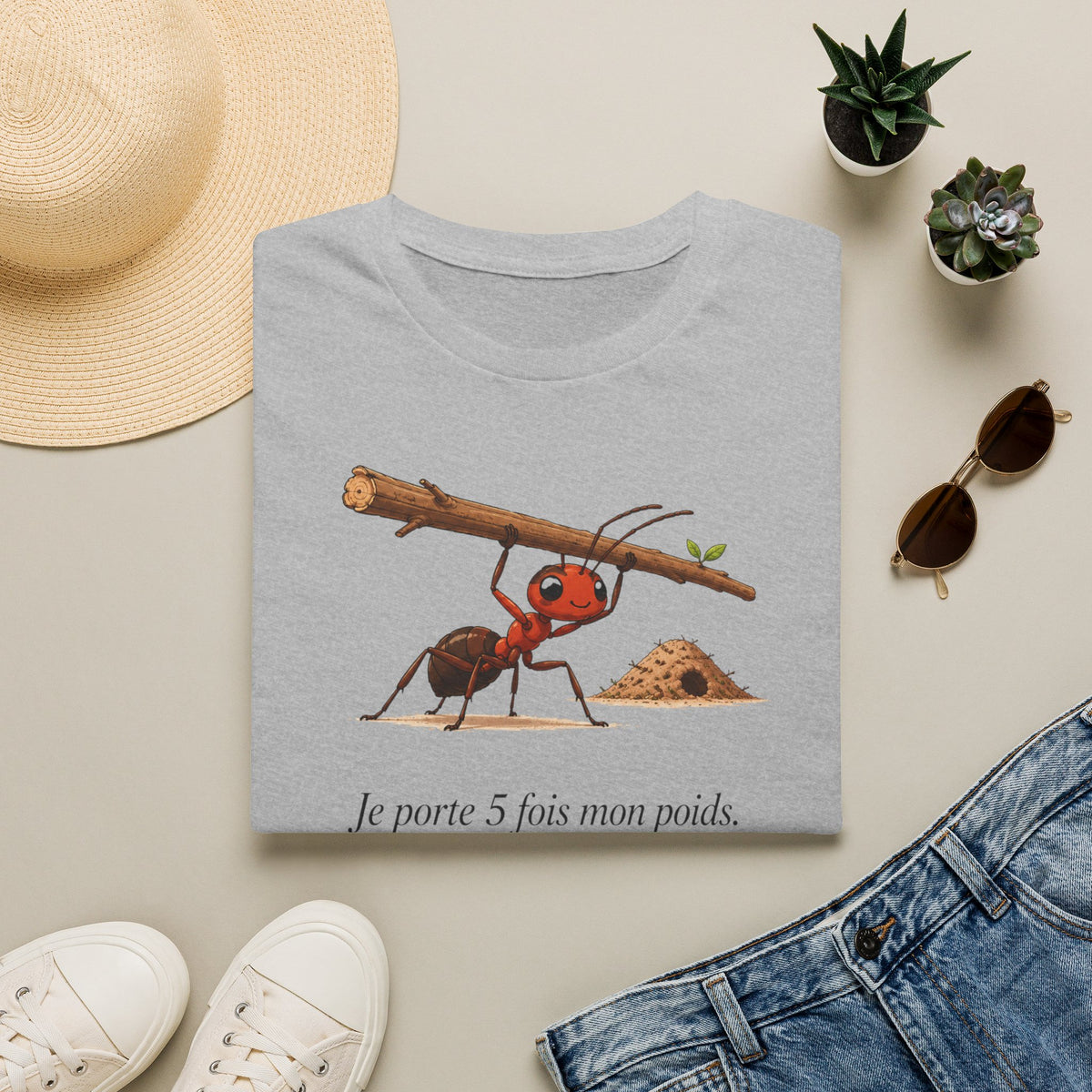 T-shirt — « Je porte 5 fois mon poids » — Illustration humoristique d’une fourmi portant une charge