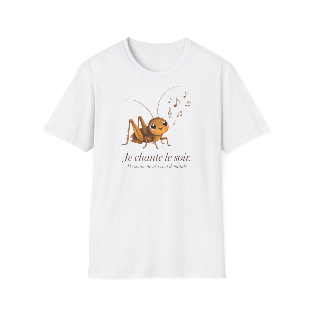 T-shirt illustré avec grillon — « Je chante le soir » — Adorable grillon chanteur