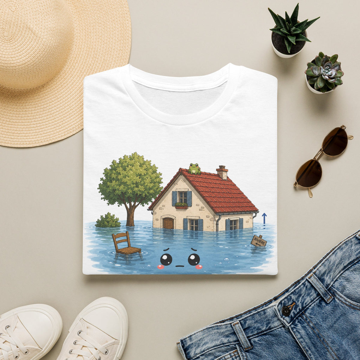 T-shirt « Maison inondée » — Adorable illustration kawaii d’une maison dans les eaux montante