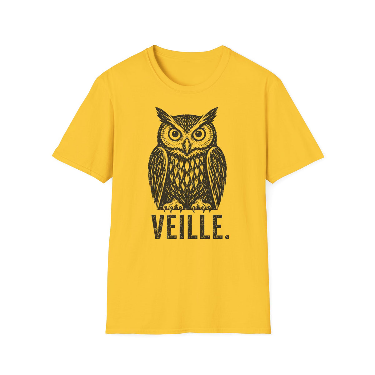 T-shirt illustré avec hibou — « VEILLE. » — T-shirt graphique vintage de veille nocturne