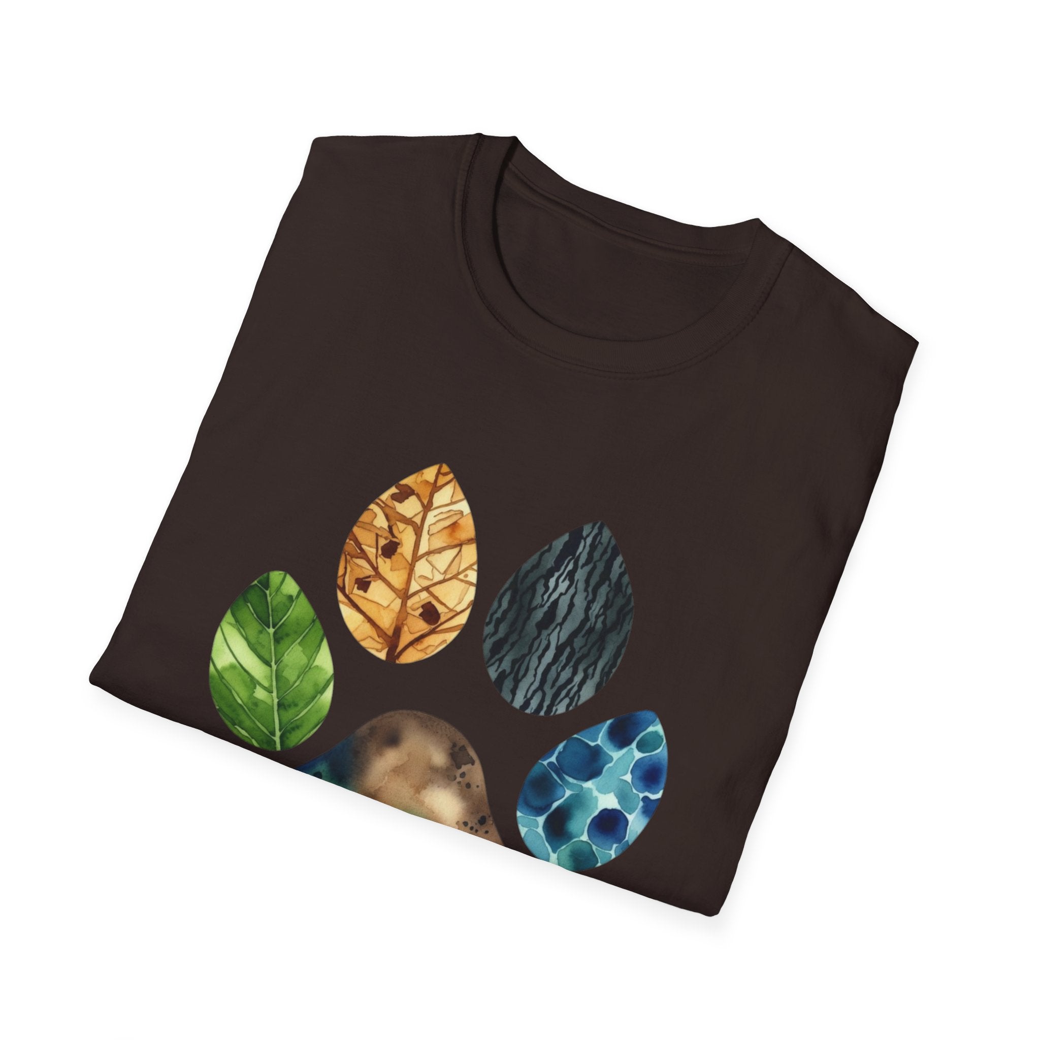 Nature Paw Print T-Shirt — Colorful Leaf & Stone Paw Design