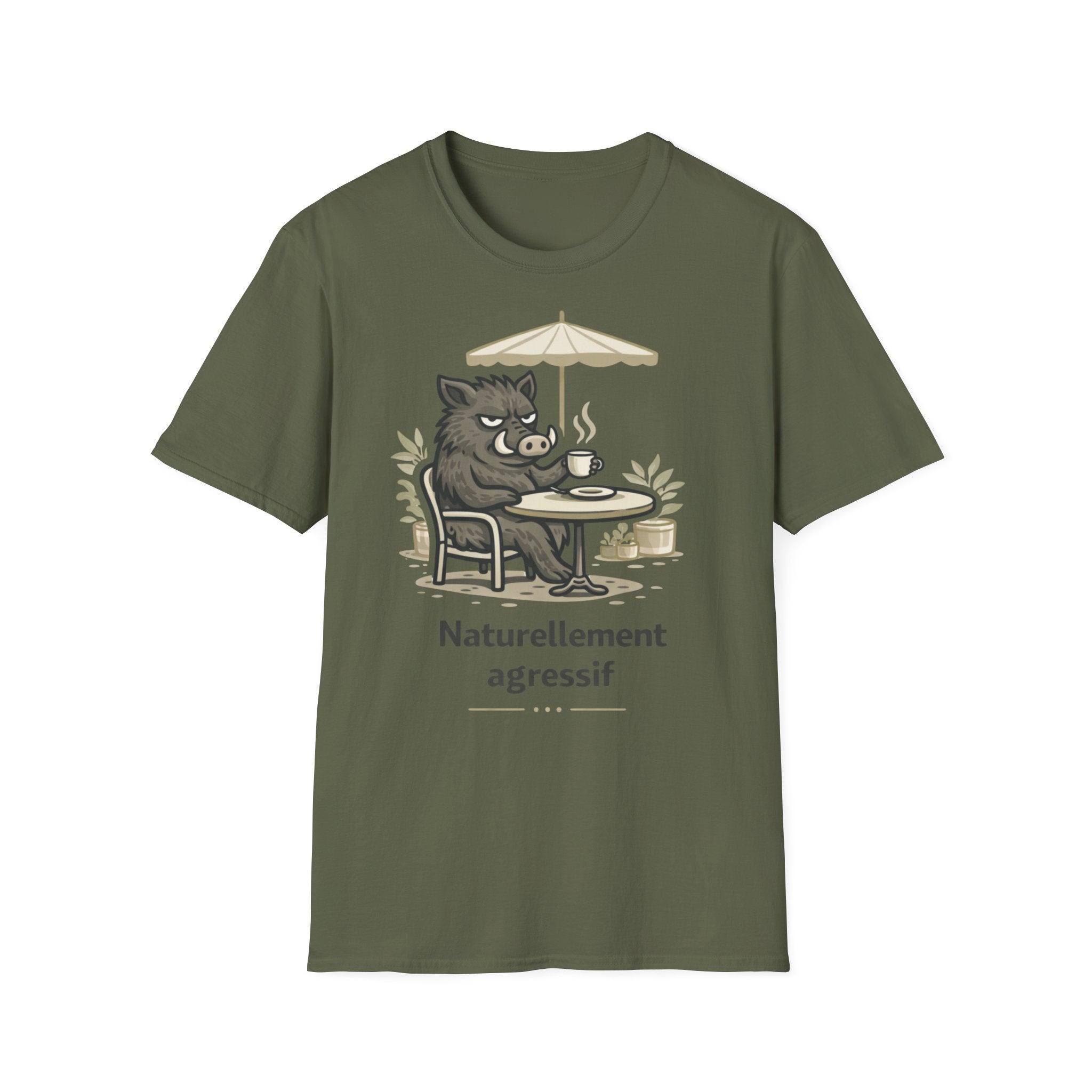 Boar Coffee Tee — "Naturellement agressif" Graphic T-Shirt