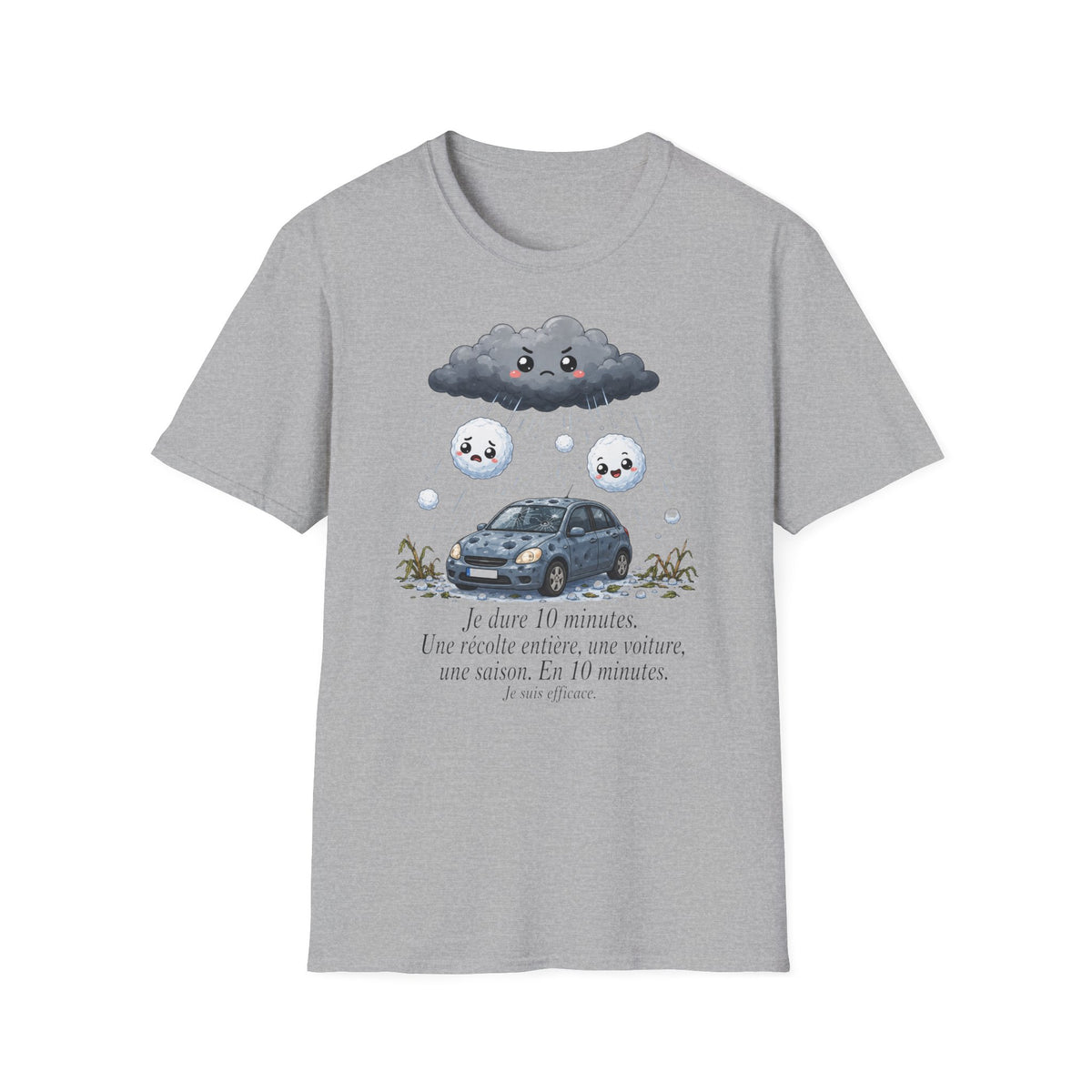 T-shirt — Nuage de pluie mignon avec gouttes de pluie tristes et voiture — Illustration météo drôle et adorable