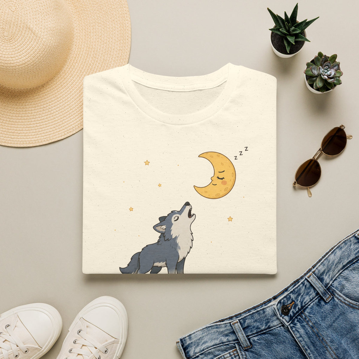 T-shirt Loup hurlant à la lune — Adorable illustration du ciel nocturne