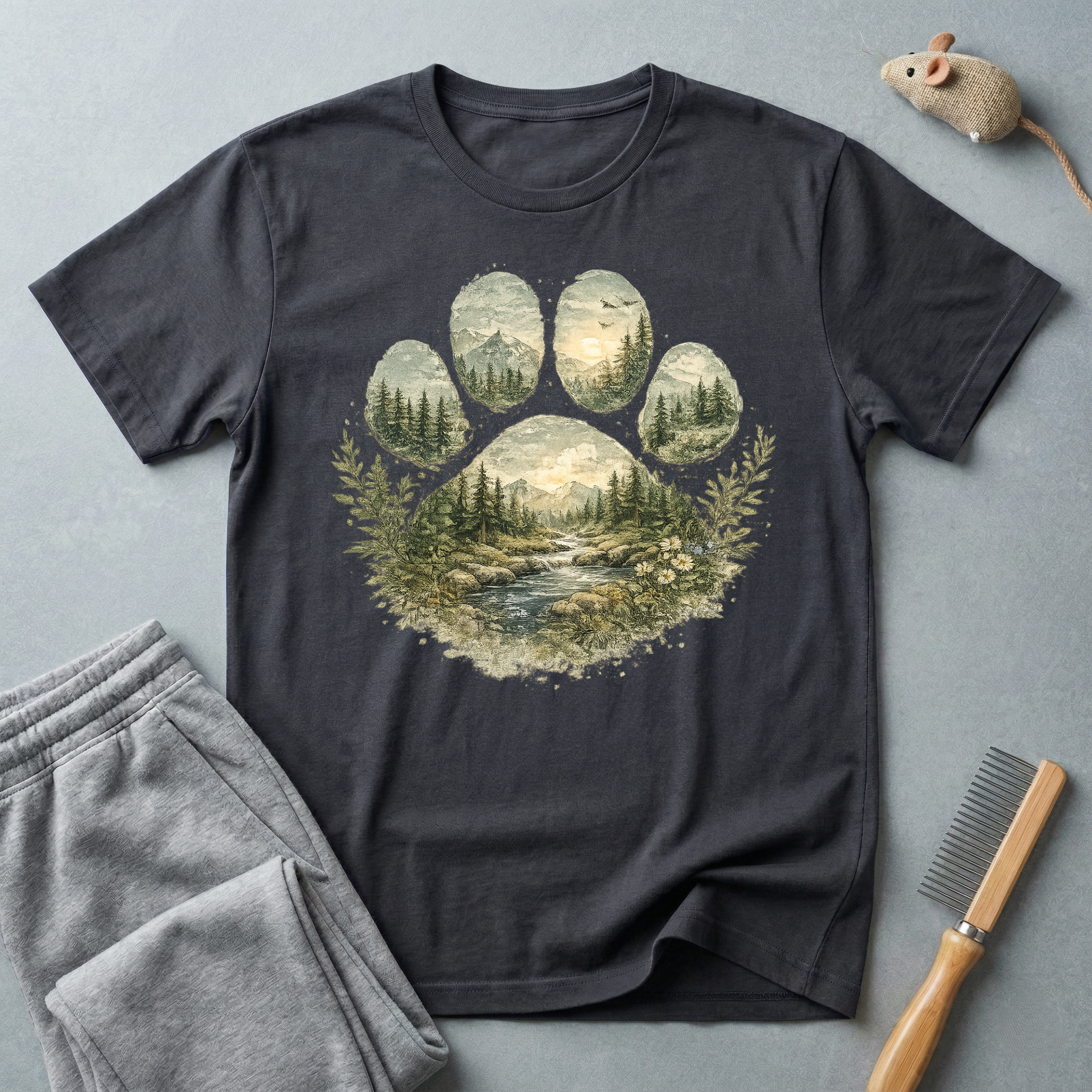 T-shirt paysage «Patte sauvage» — T-shirt nature avec empreinte de patte en forêt de montagne