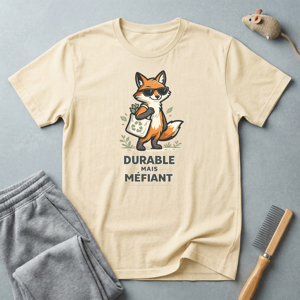 T-shirt illustration de renard — "Durable Mais Méfiant"