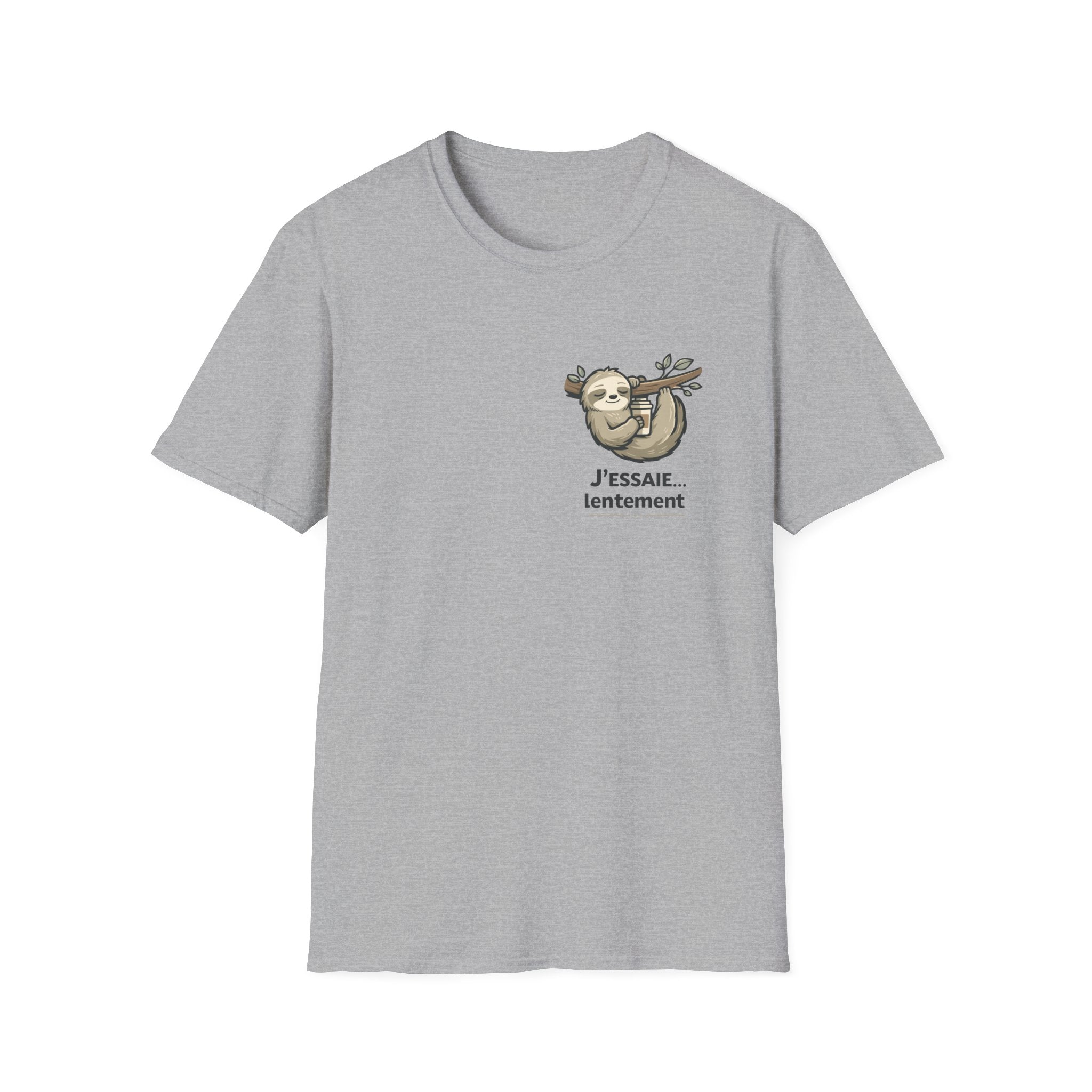 Sloth Illustration T-Shirt — "J'essaie... mais lentement" Cute Relaxed Vibe Tee