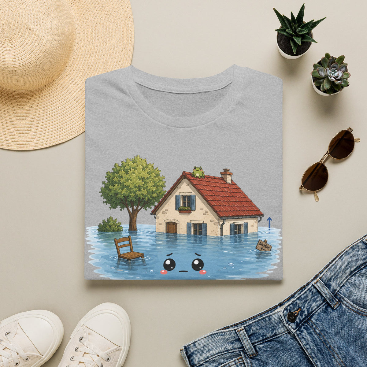 T-shirt « Maison inondée » — Adorable illustration kawaii d’une maison dans les eaux montante