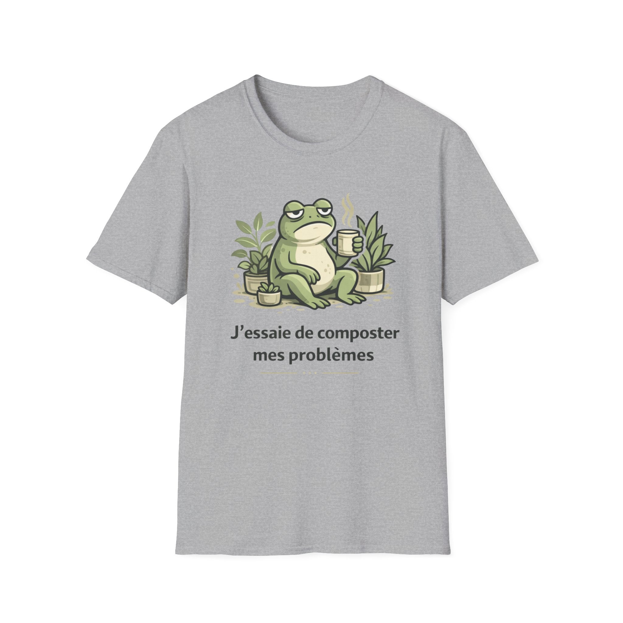 Frog Composting T-Shirt – "J'essaie de composter mes problèmes" French Eco Humor Tee