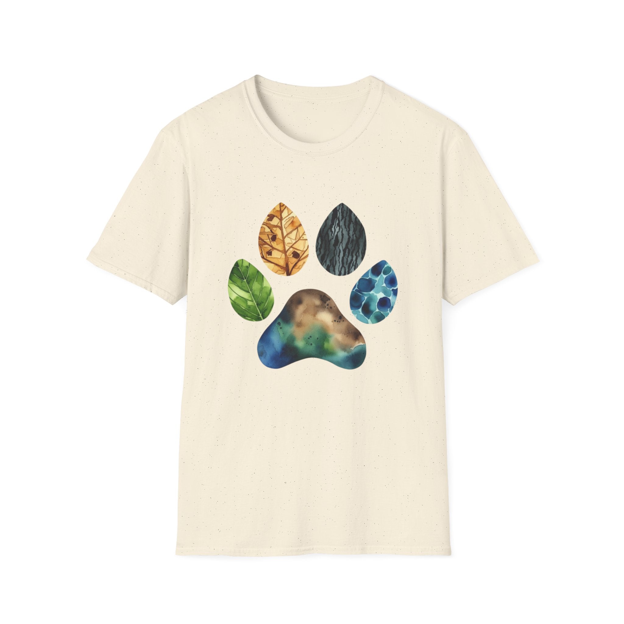 Nature Paw Print T-Shirt — Colorful Leaf & Stone Paw Design