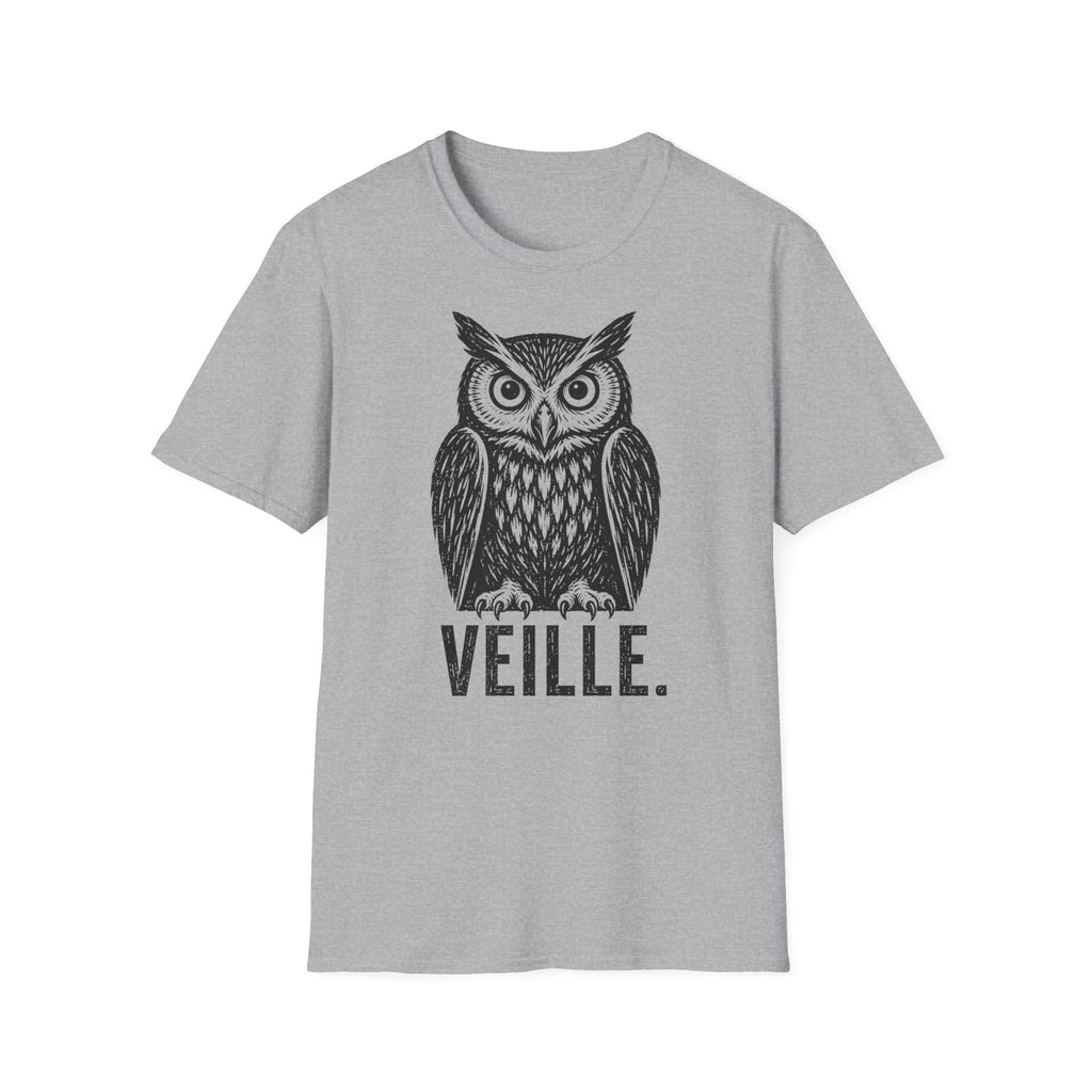 T-shirt illustré avec hibou — « VEILLE. » — T-shirt graphique vintage de veille nocturne