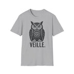 T-shirt illustré avec hibou — « VEILLE. » — T-shirt graphique vintage de veille nocturne