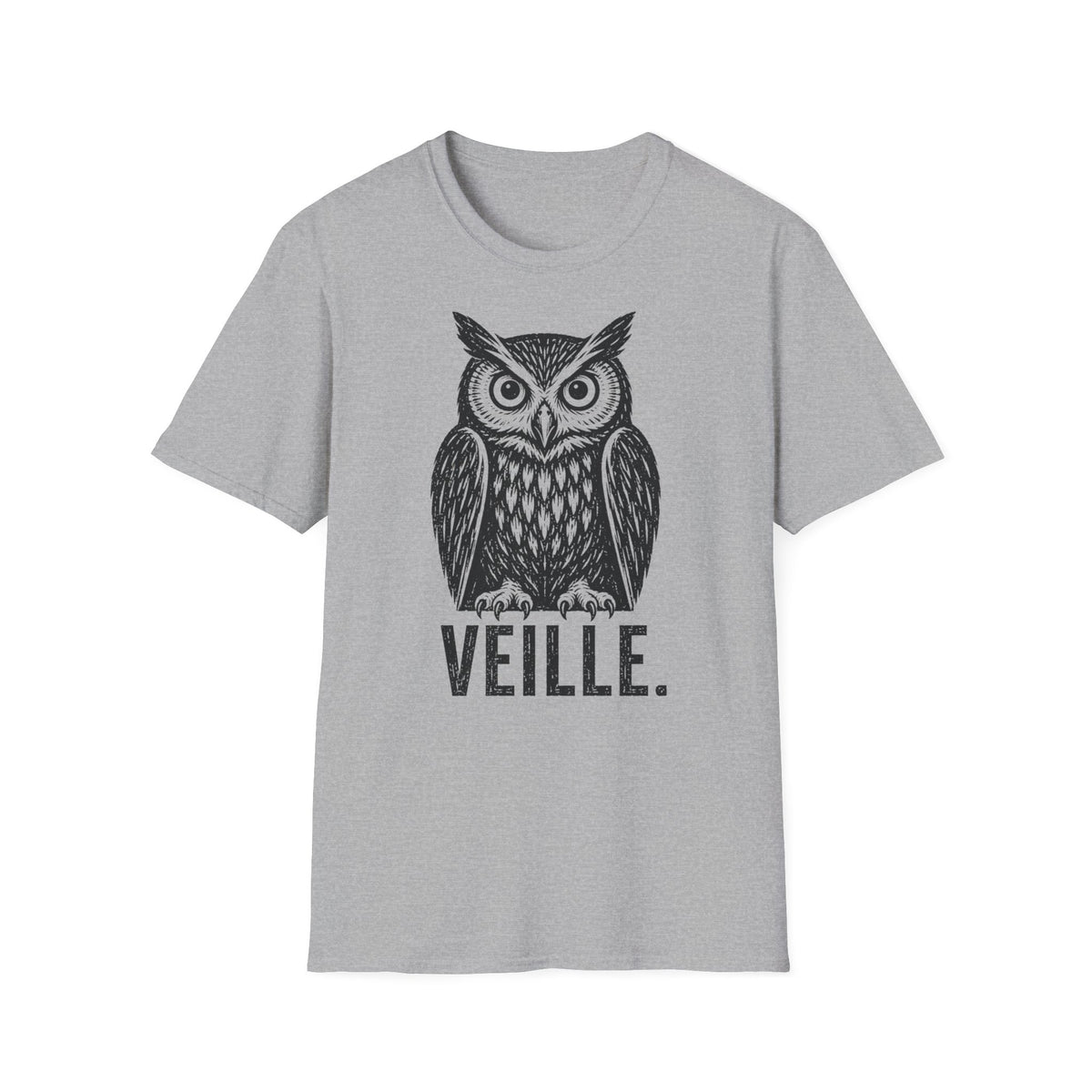 T-shirt illustré avec hibou — « VEILLE. » — T-shirt graphique vintage de veille nocturne
