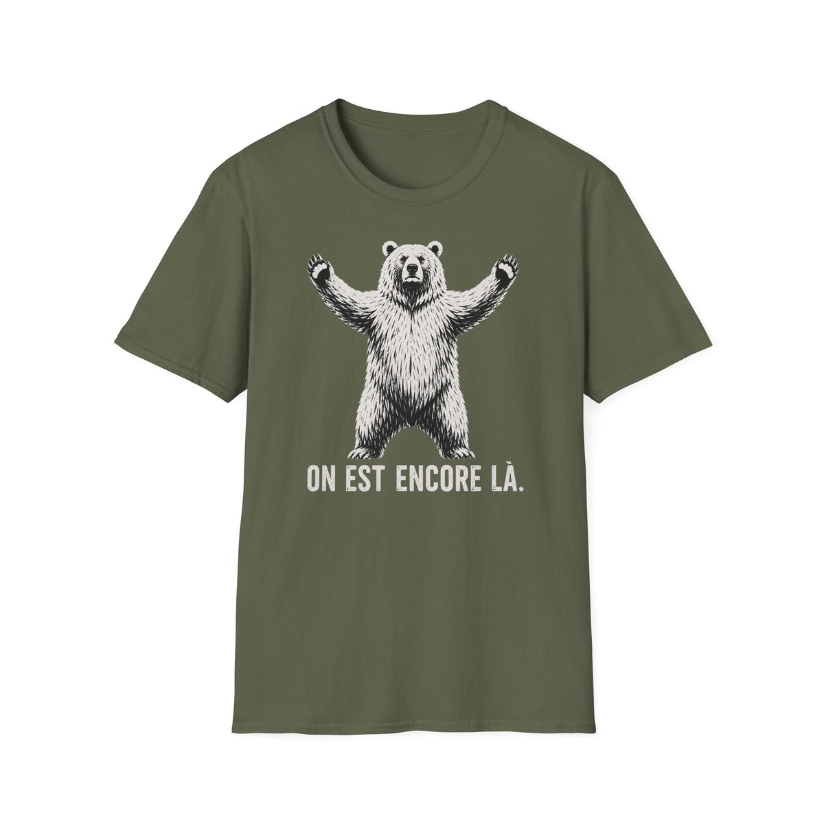 T-shirt graphique avec ours — « On est encore là » — Style vintage