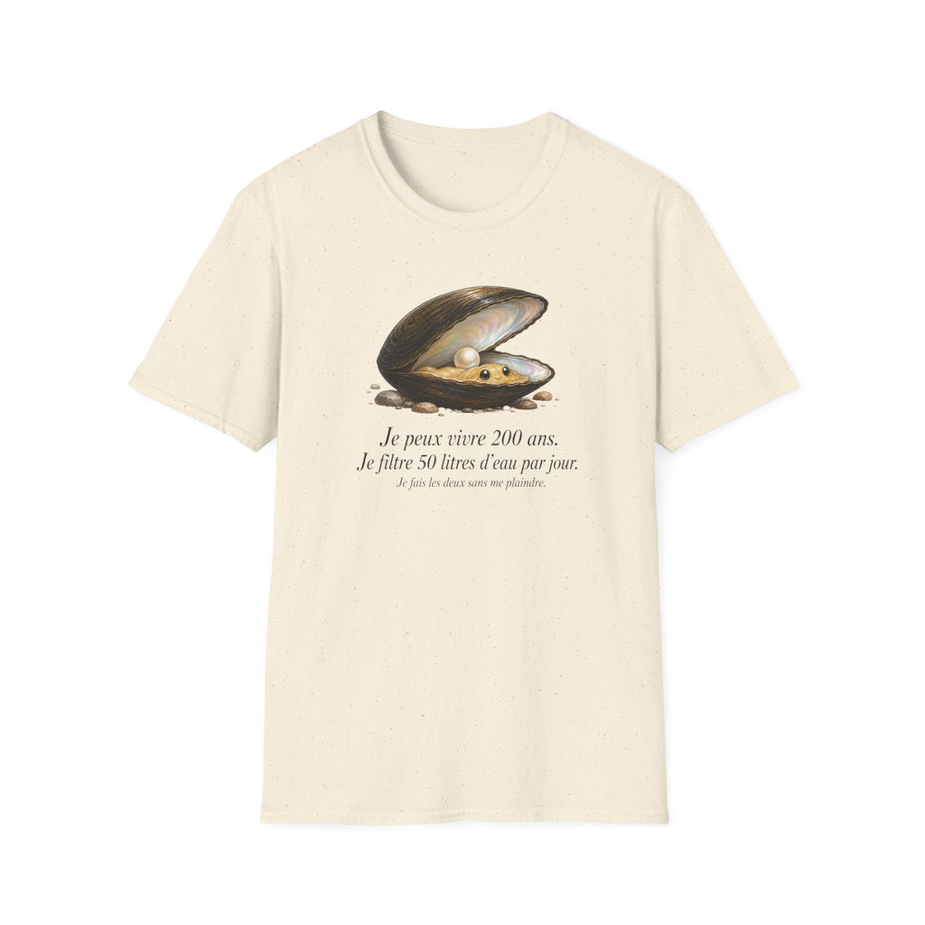 T-shirt — Illustration vintage de moule perlière avec la phrase française « Je peux vivre 200 ans »