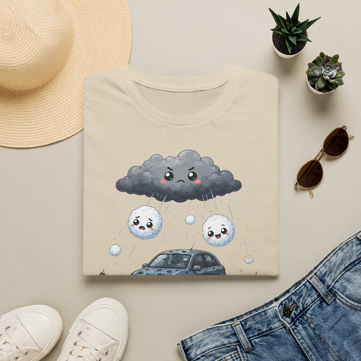 T-shirt — Nuage de pluie mignon avec gouttes de pluie tristes et voiture — Illustration météo drôle et adorable