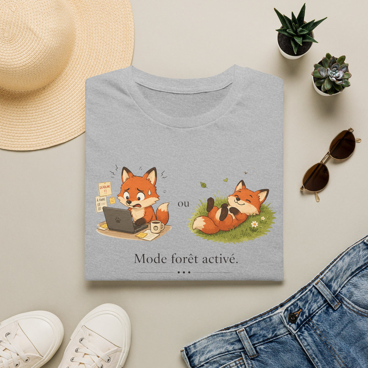 T-shirt graphique avec renards — « Mode forêt activé / … »