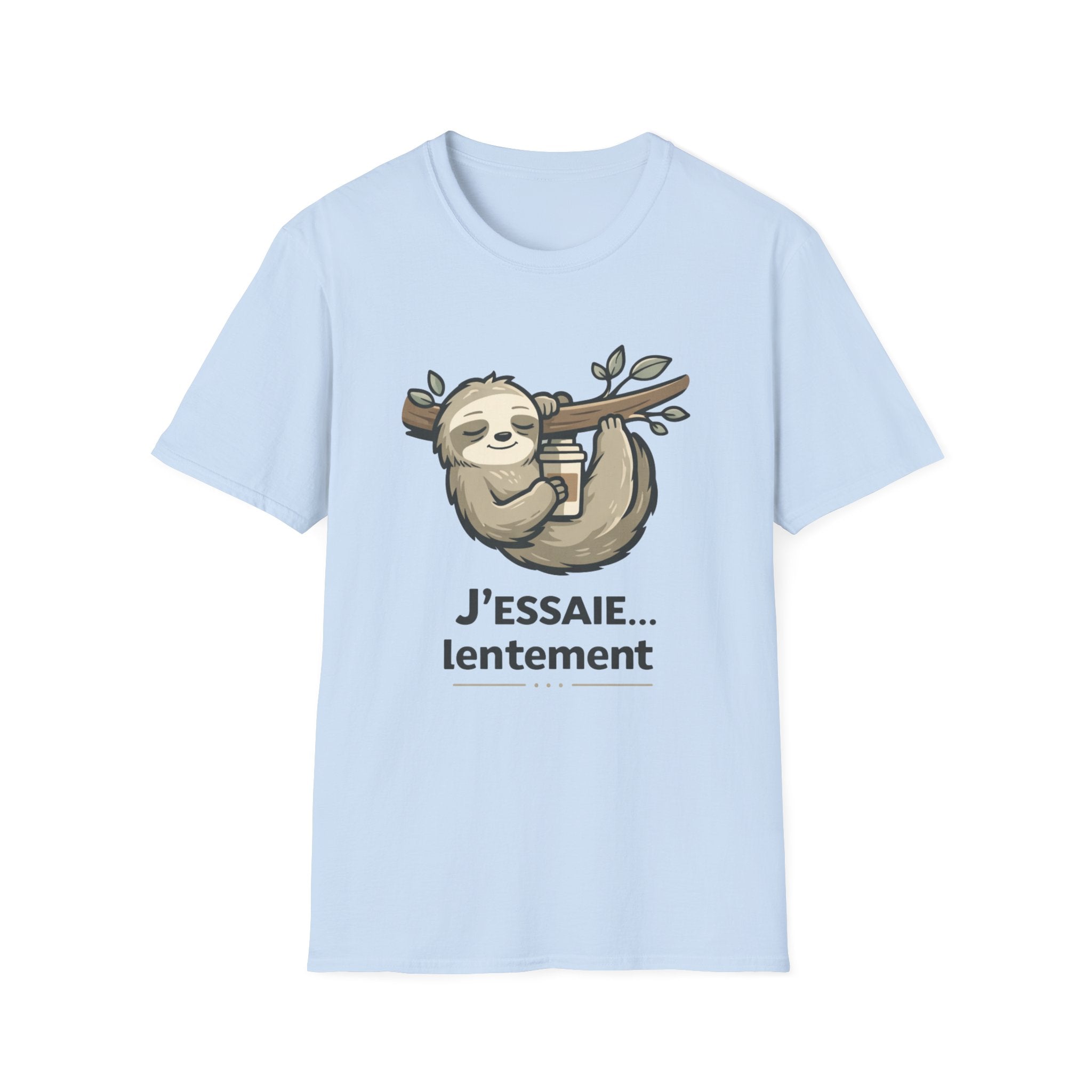 Sloth Coffee T‑Shirt — "J'essaie... lentement" Cute Relaxed French Graphic Tee