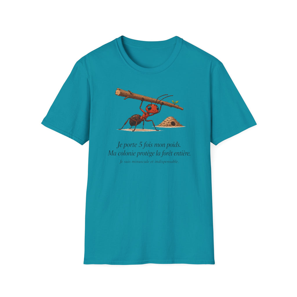 T-shirt — « Je porte 5 fois mon poids » — Illustration humoristique d’une fourmi portant une charge