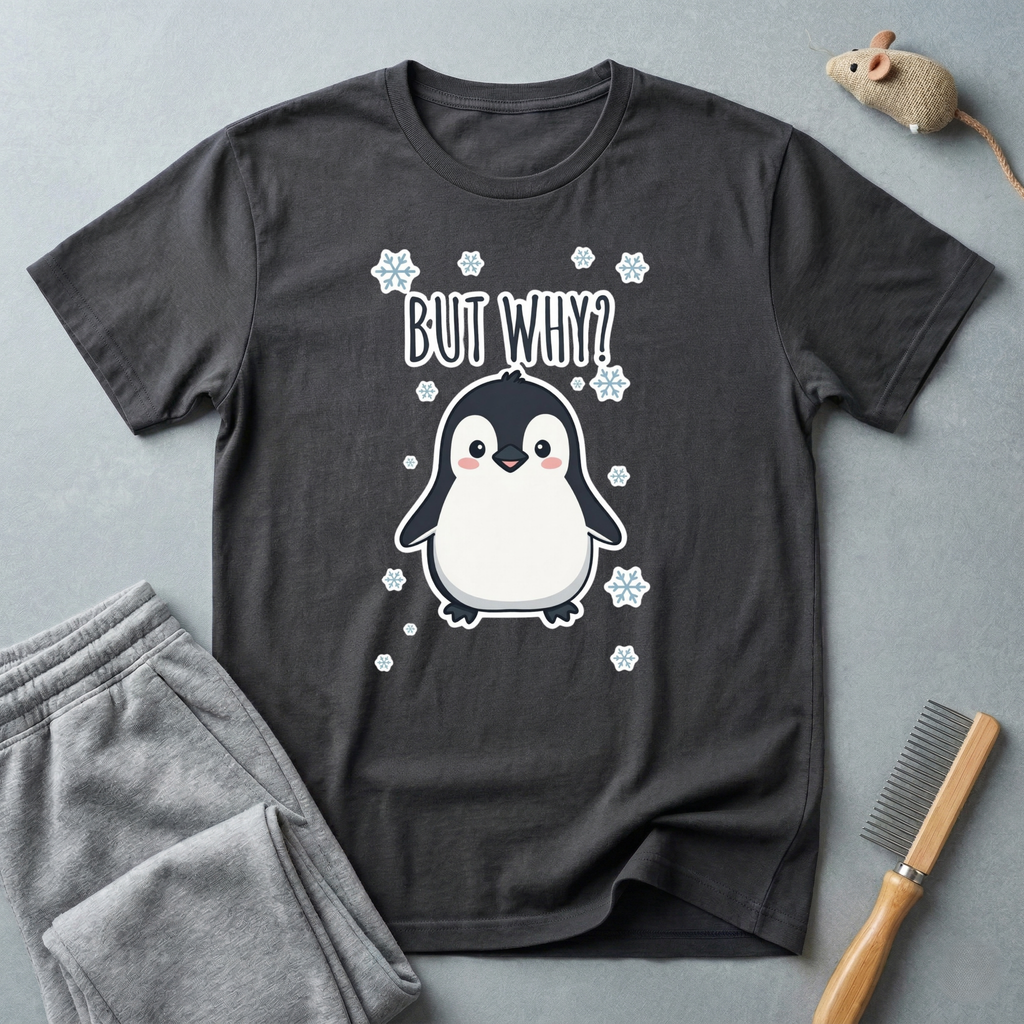 T-shirt pingouin «But Why?» — T-shirt graphique d’hiver mignon