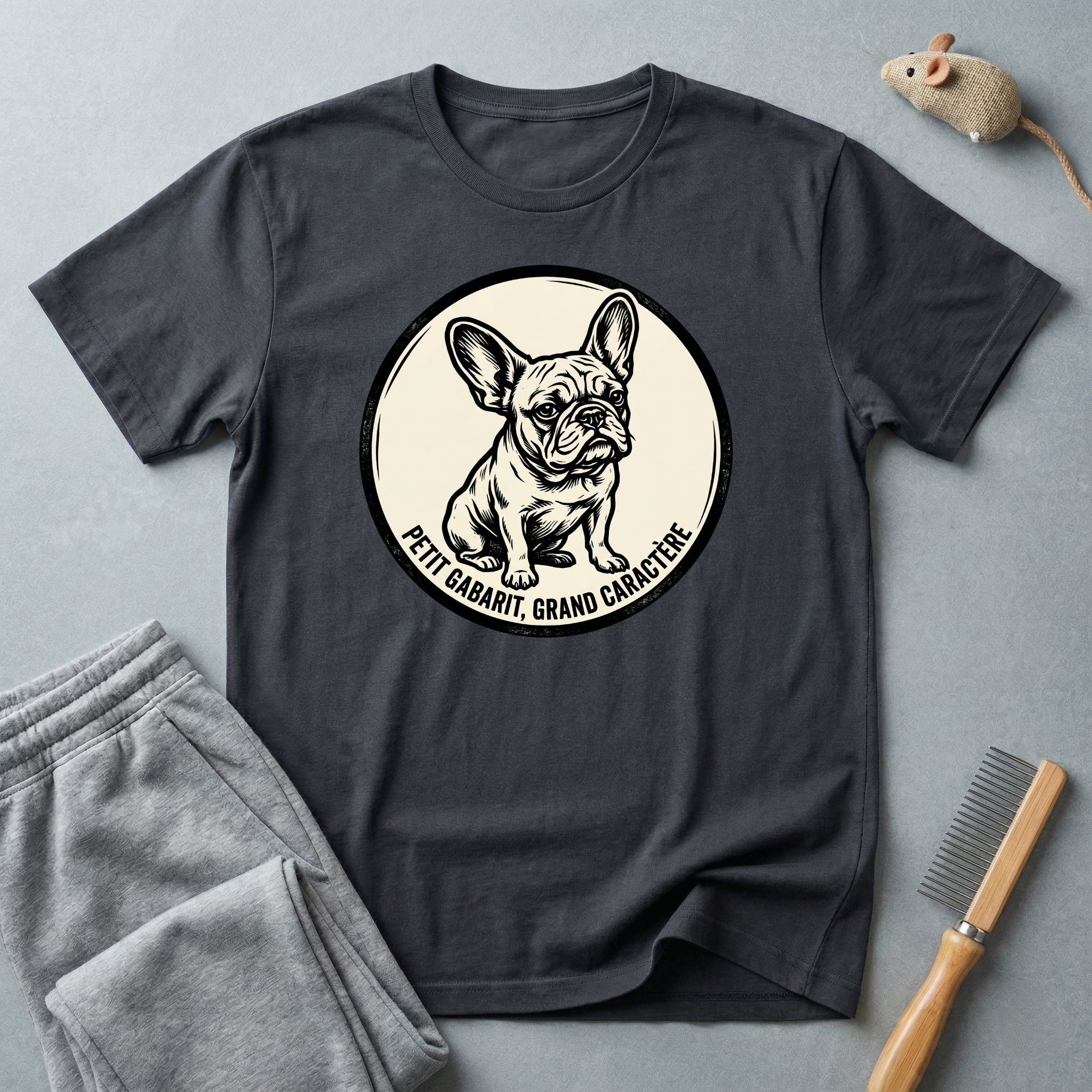 T-shirt graphique Bouledogue Français — «Courage mignon, grand caractère» Badge vintage