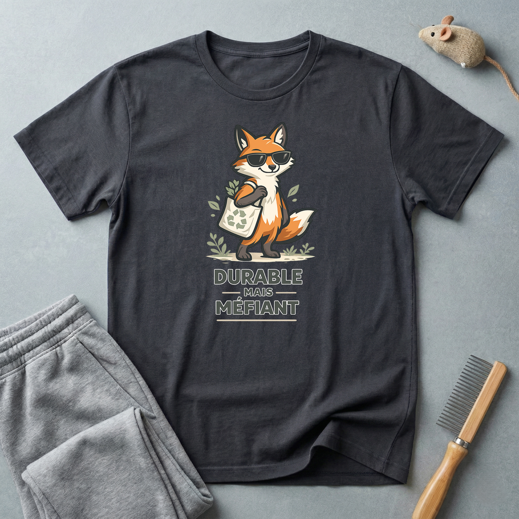T-shirt illustration de renard — "Durable Mais Méfiant"