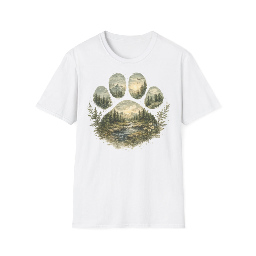 Wild Paw Landscape T-Shirt — Mountain Forest Paw Print Nature Tee