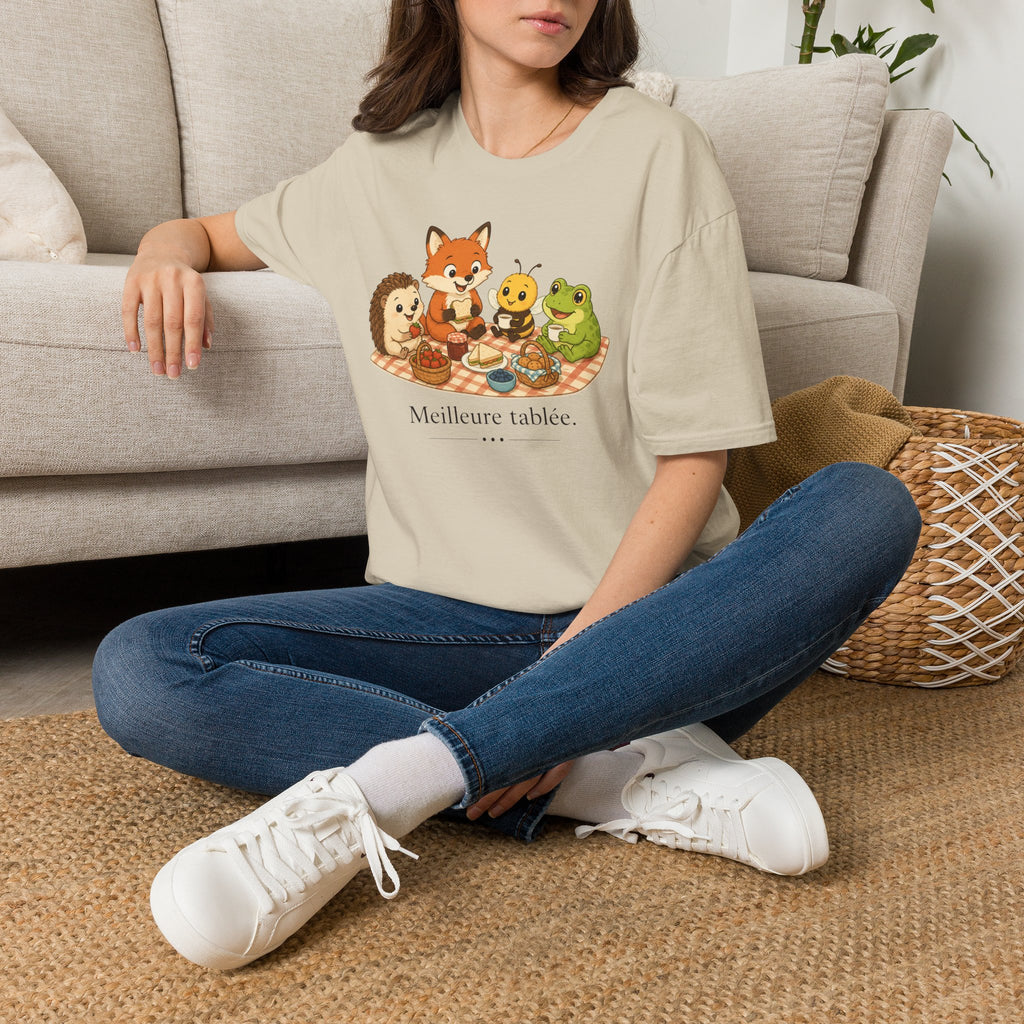 T-shirt enfant « Pique-nique des animaux » — Renard, hérisson, abeille et grenouille — Adorable illustration « Meilleure tablée »